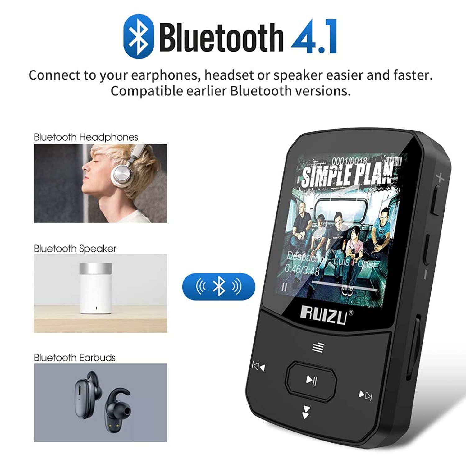 Clip Mp3 Player with Bluetooth 4.1, 8GB Lossless Sound Music Player with FM Radio Voice Recorder Video Earphones for Running, Support up to 128GB(Black)