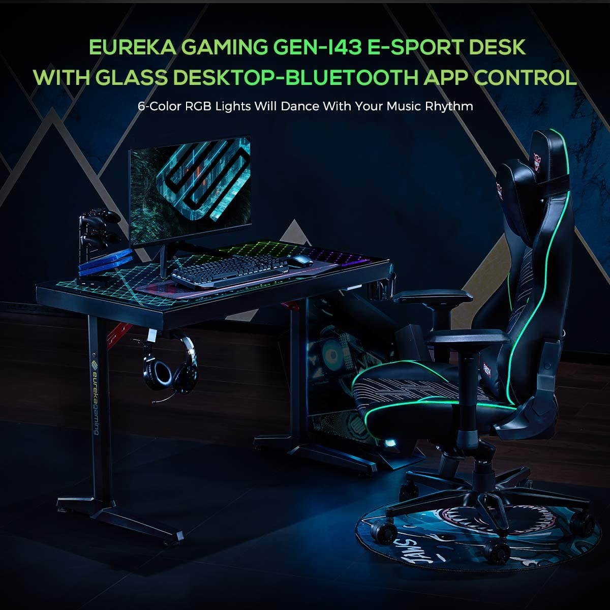 Eureka Ergonomic&reg; Gaming Desk RGB 43" Tempered Glass Desktop Home Office Computer Desks with LED Lights & New Polygon Legs Design, General Series I43, Black
