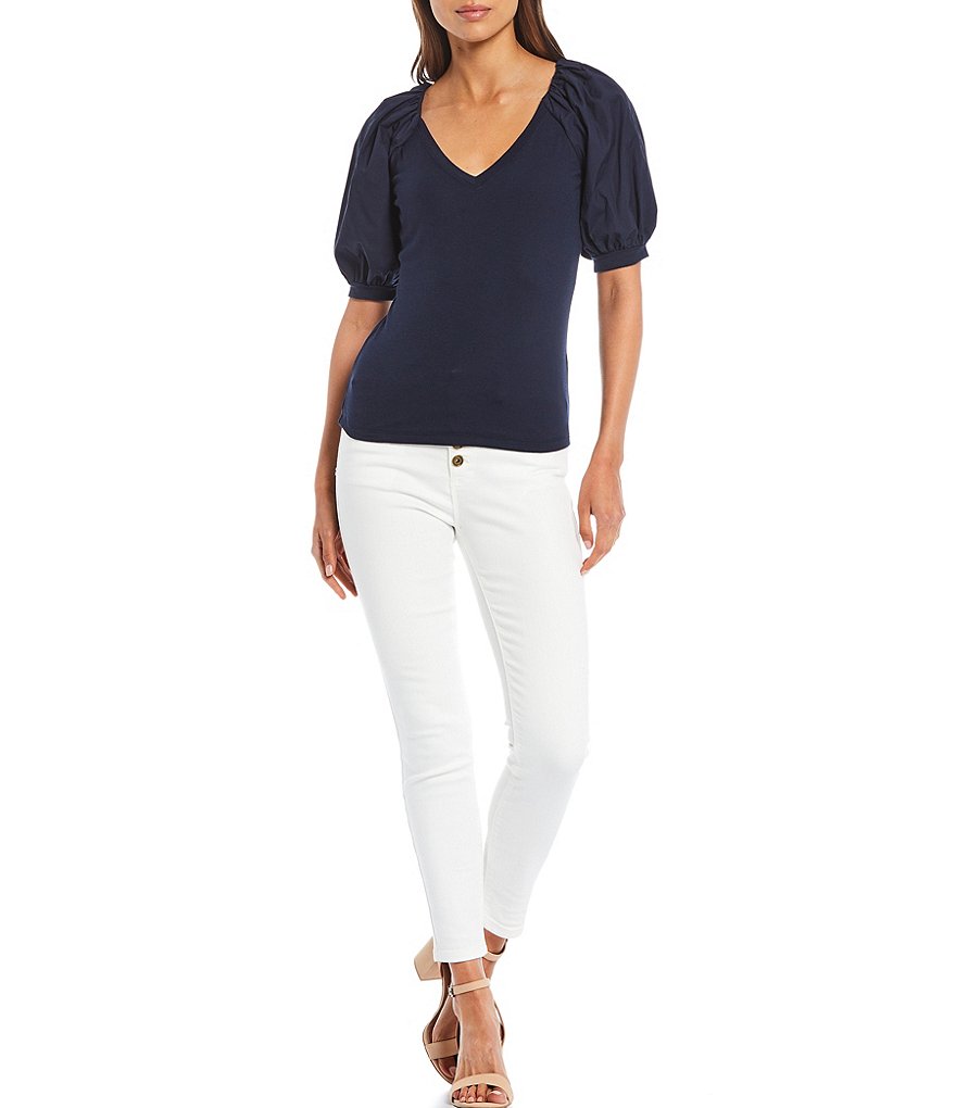 A Loves A V-Neck Balloon Sleeve Mixed Media Tee