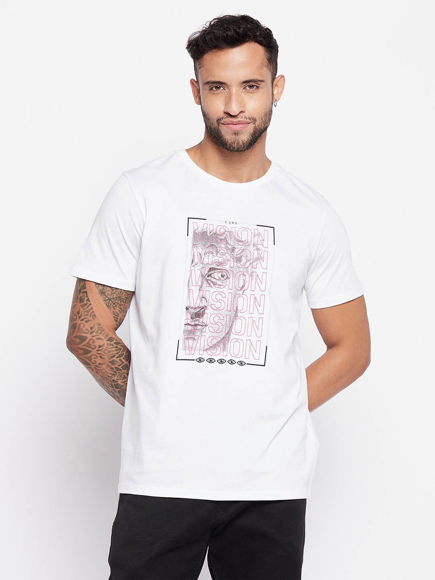 EDRIO White Regular Fit Printed T-Shirt