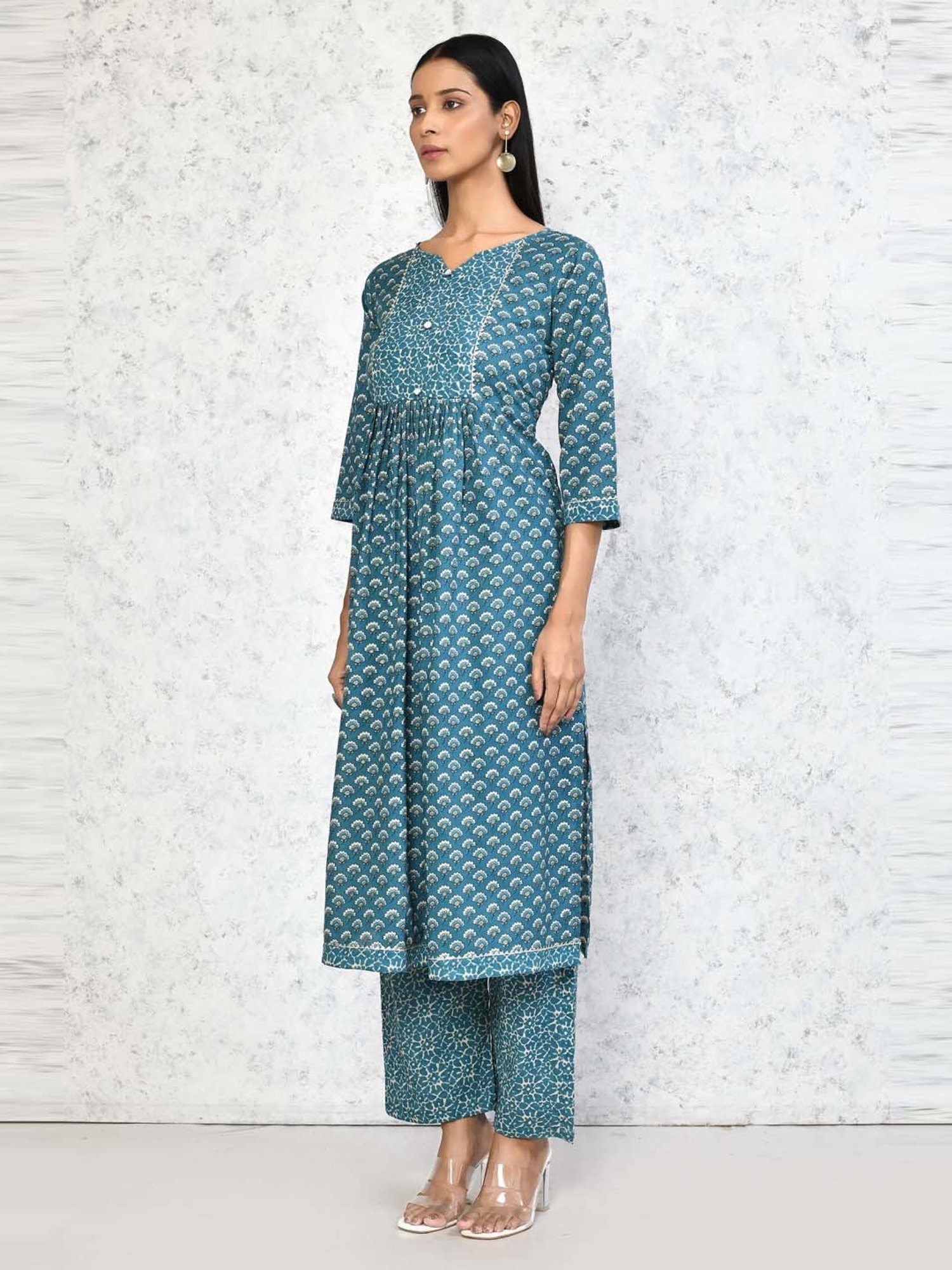 Miravan Blue Cotton Printed Kurta Palazzo Set