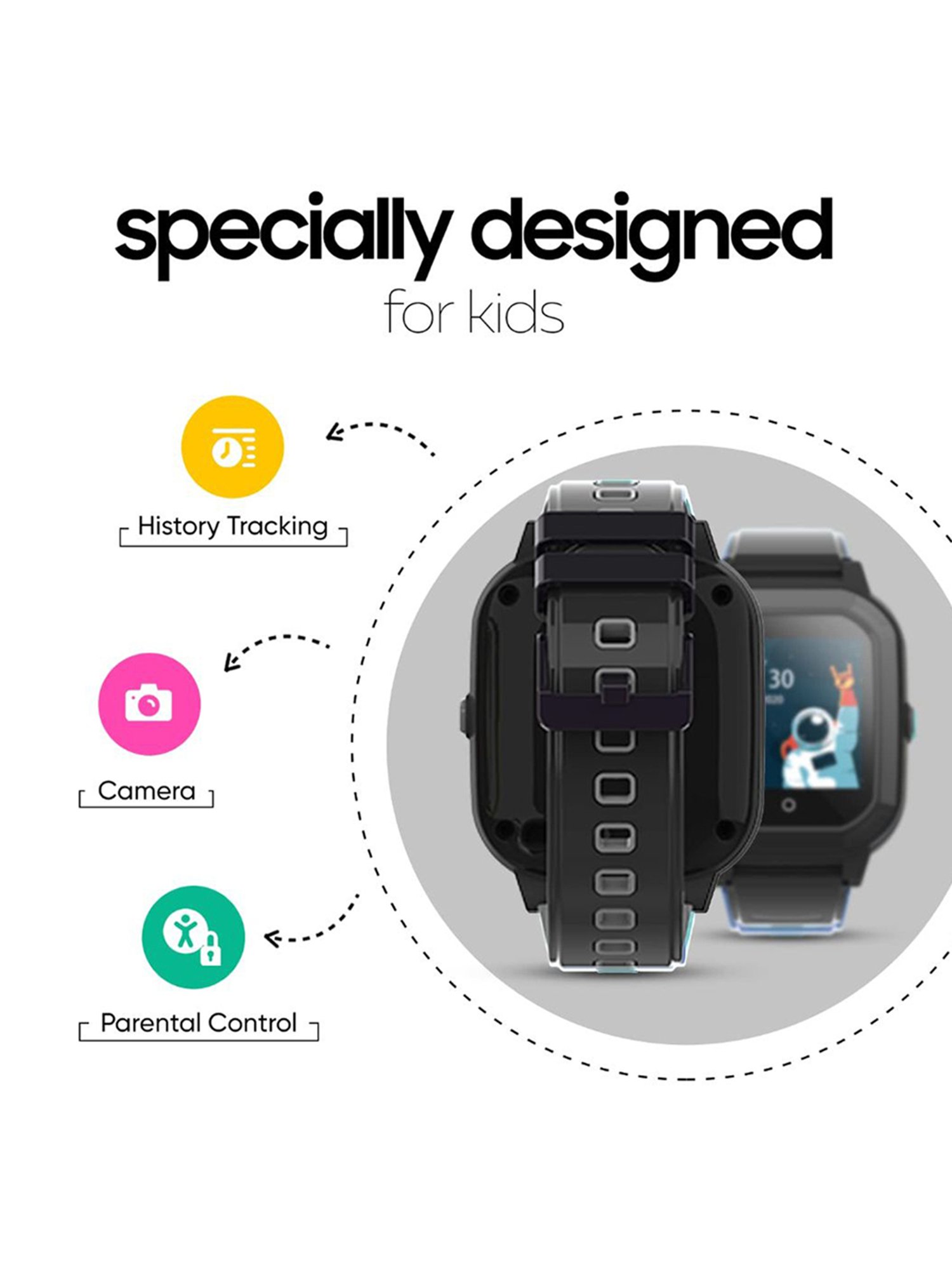 Turet Smartwatch for Kids with HD Display, Camera, SOS Button, Phone & Video Calling (Dark Black)