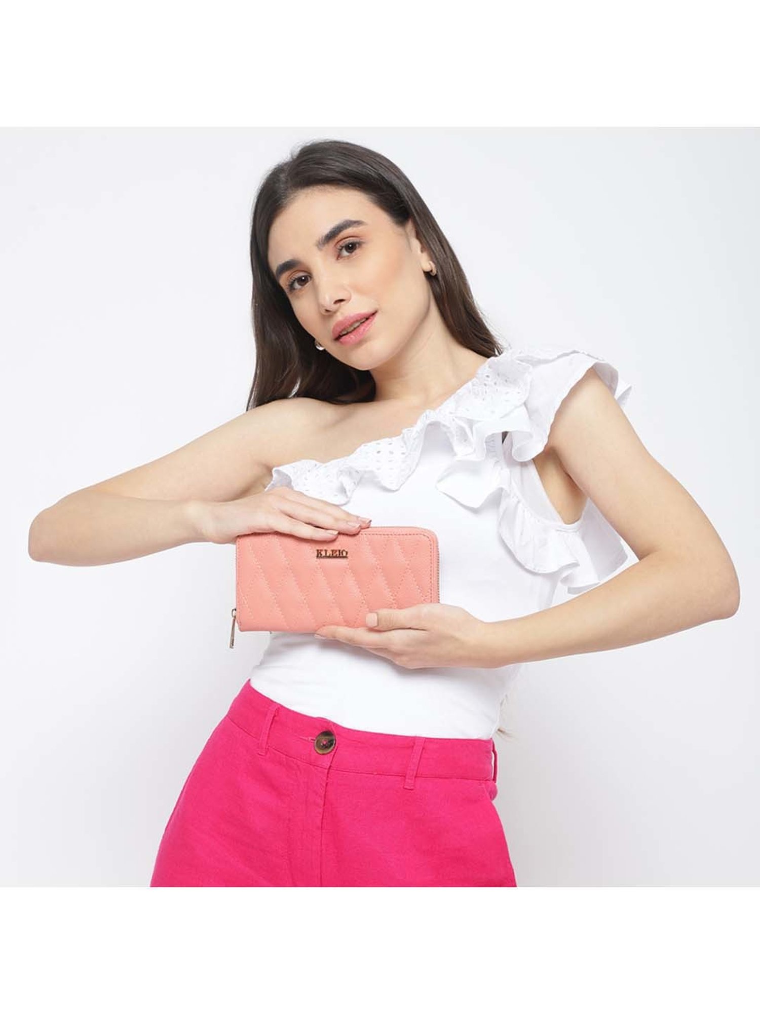 KLEIO Peach Quilted Zip Around Wallet for Women