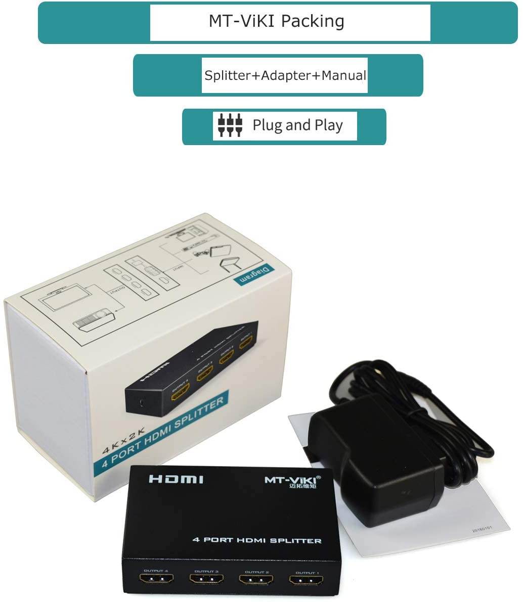 1x4 HDMI Splitter 1 in 4 Out 4 Ports, SP104 4Kx2K@30Hz 3D Full HD 1080P Distributor for PS4 PS3 Fire Stick TV HDTV DVD Computer Monitor