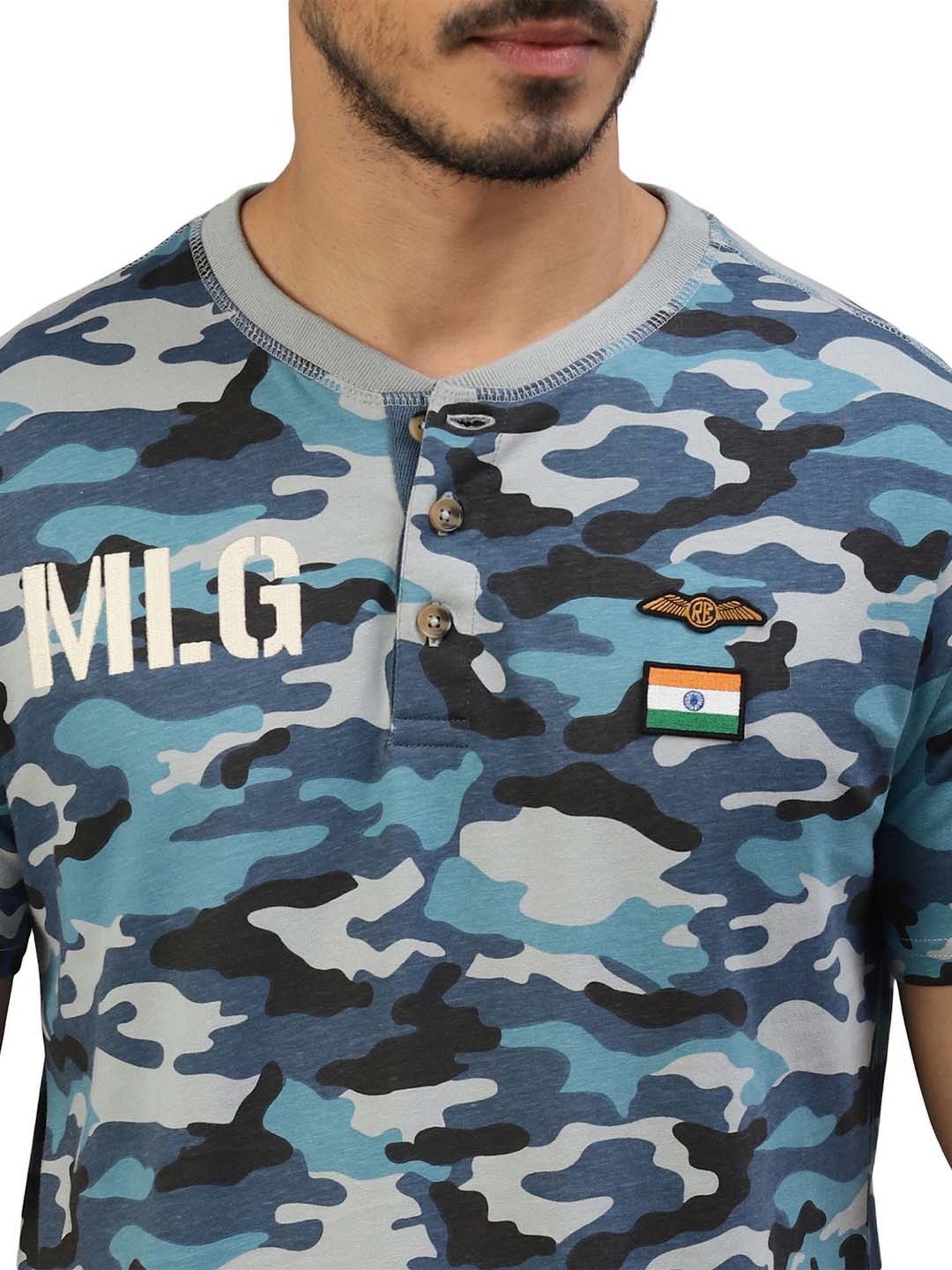 Royal Enfield MLG Urban Blue Regular Fit Camo Print Henley T-Shirt
