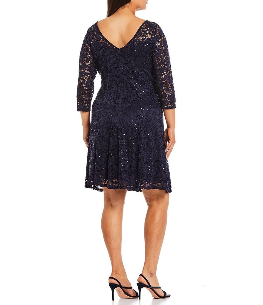 Marina Plus Size Sequin Lace Round Neck 3/4 Sleeve Fit -and-Flare Dress