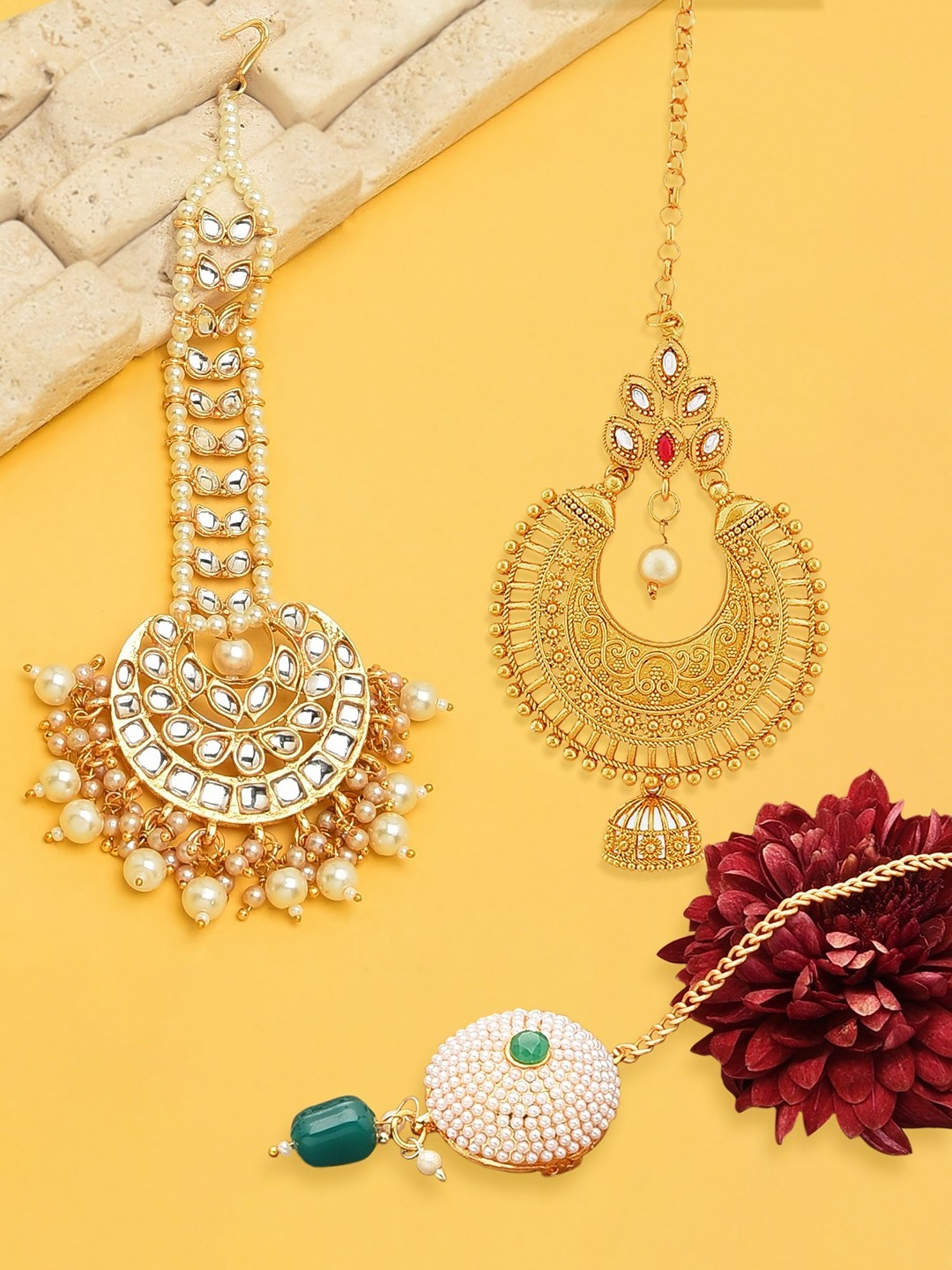 Zaveri Pearls Combo of 3 Gold Tone Kundan Maangtikka-ZPFK13074