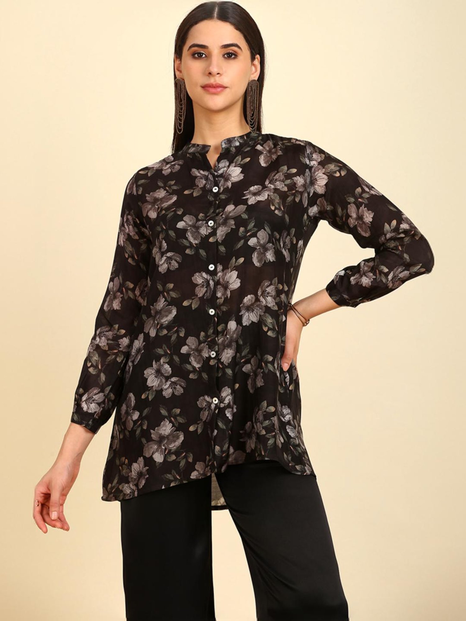 Soch Womens Black Floral Print Mandarin Collar Vicose Muslin Tunic