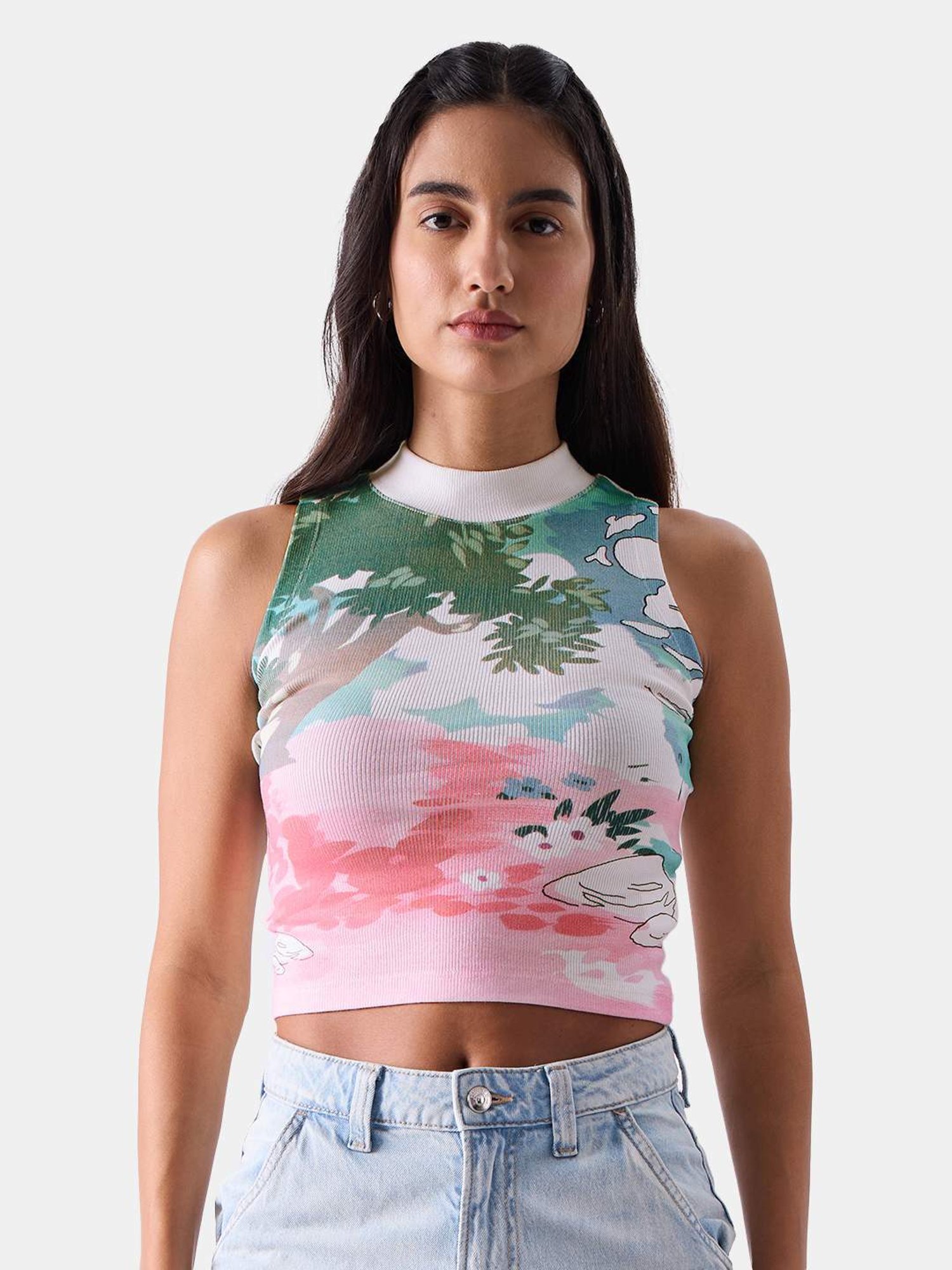 The Souled Store White Cotton Printed Tank Top