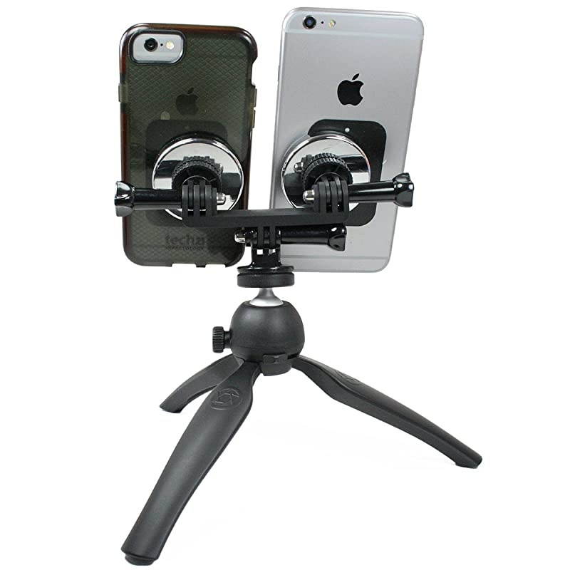 Gear Dual Device Magnetic Mount and Heavy Duty Tripod Mount Two Phones at Once via Magnets and Metallic Plates to This Tripod for Live Stream or Video with 2 Devices Strong Hold