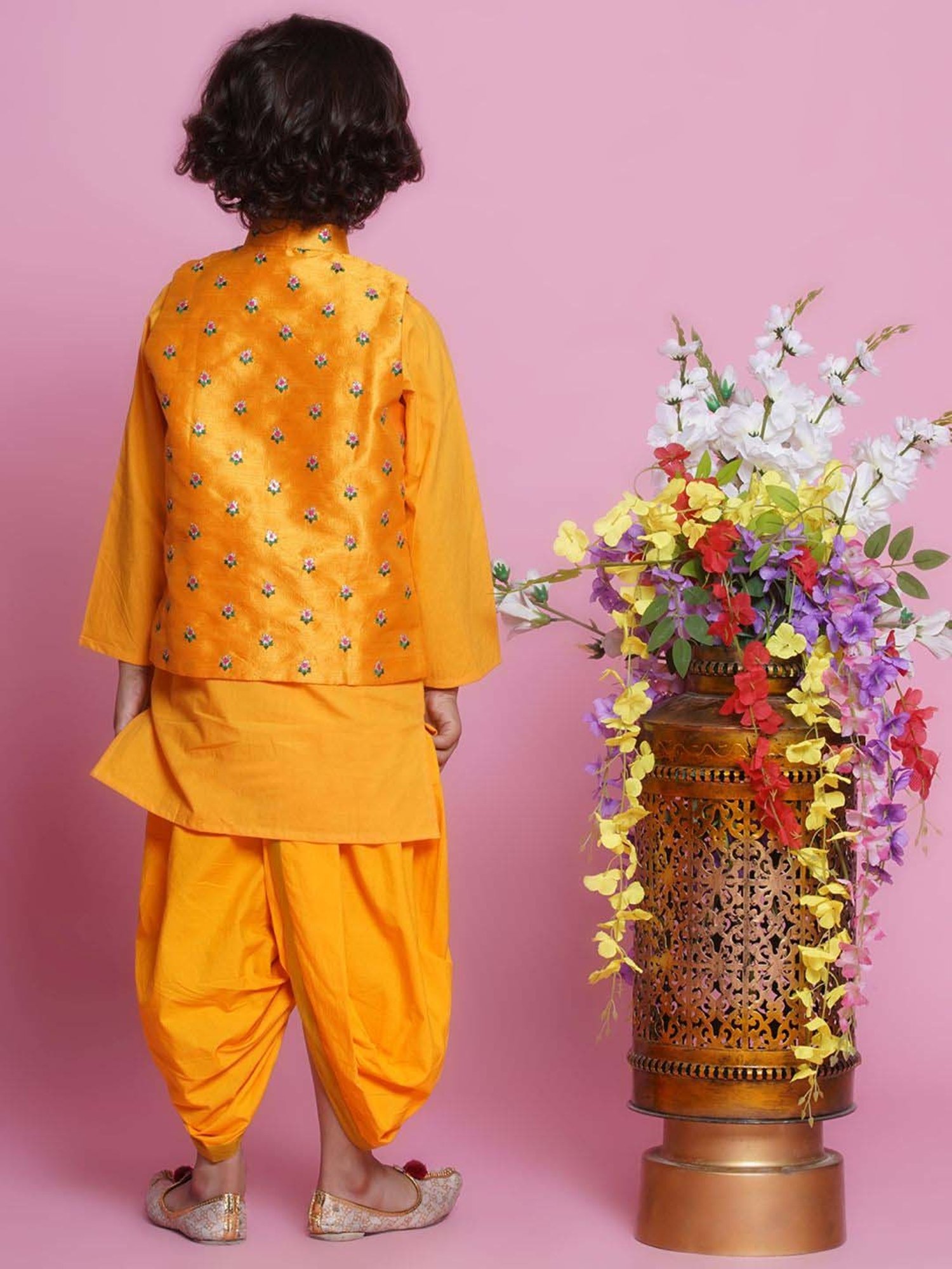 Little Bansi Boys Yellow Cotton Self Full Sleeves Kurta Set