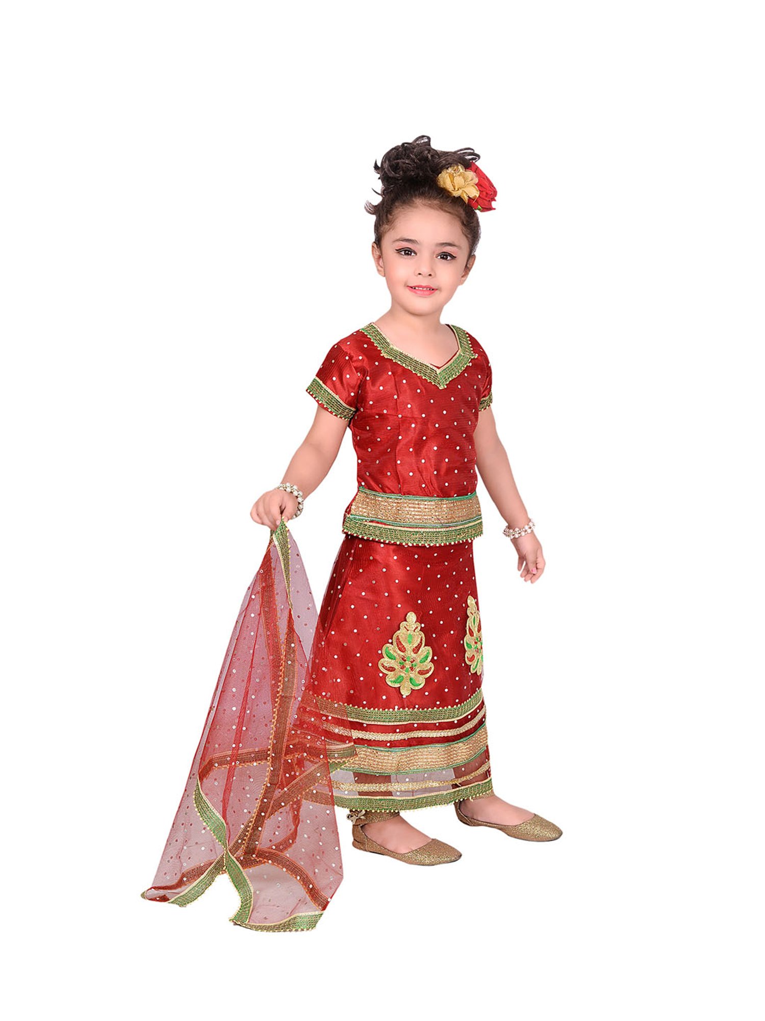 Ahhaaaa Kids Maroon Embroidered Choli, Lehenga with Dupatta