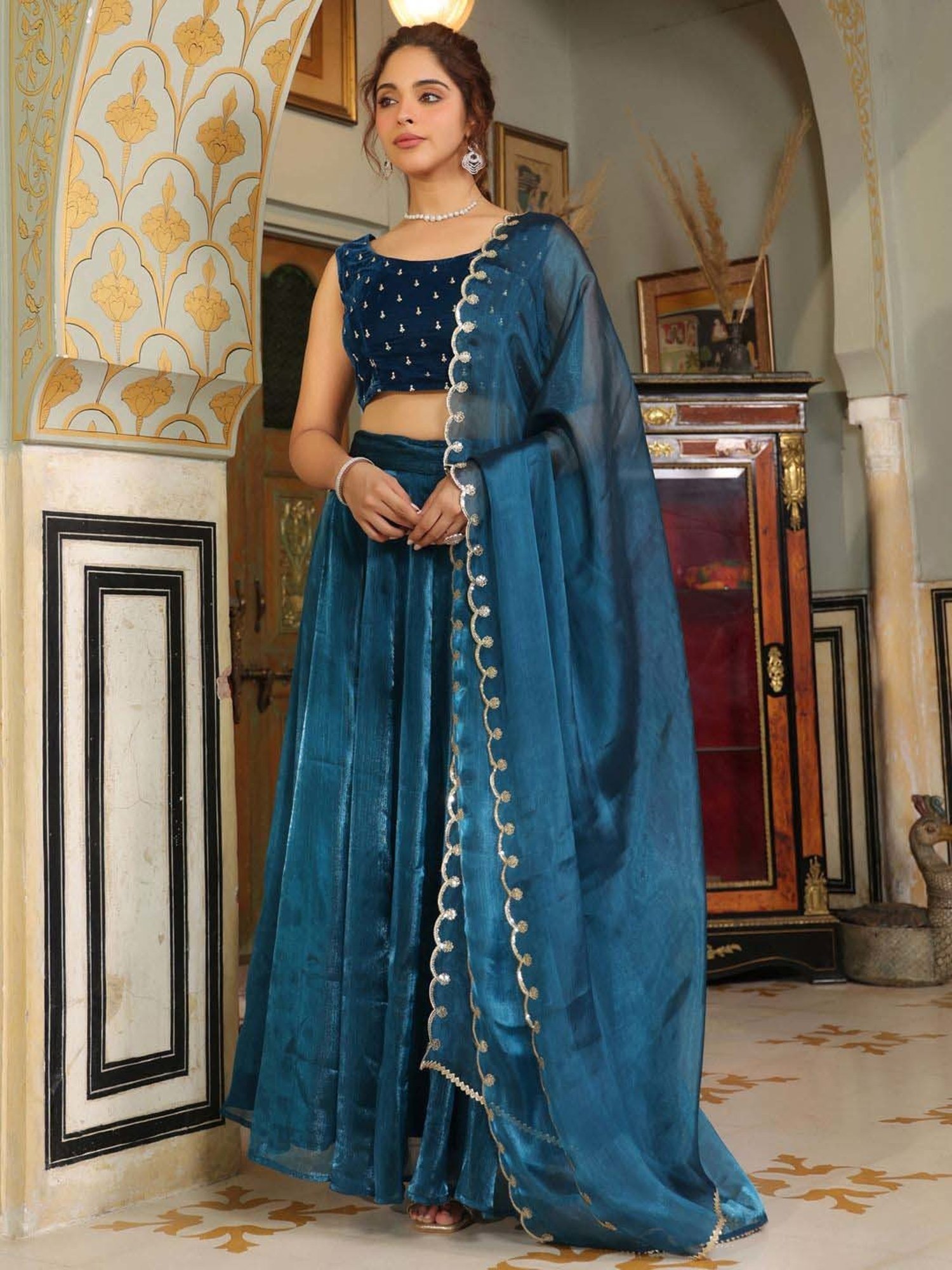 Janasya Blue Plain Lehenga Choli Set With Dupatta