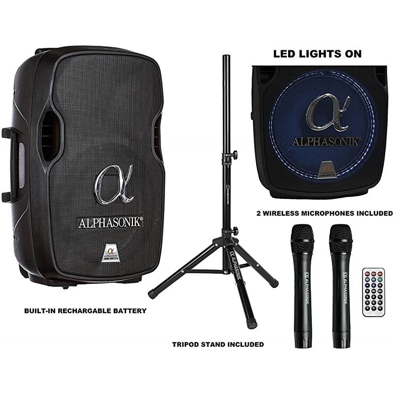 15quot Portable Rechargeable Battery Powered 1500W PRO DJ Amplified Loud Speaker with 2 Wireless Microphones Echo Bluetooth USB SD Card AUX MP3 FM Radio PA System LED Ring Karaoke Tripod Stand