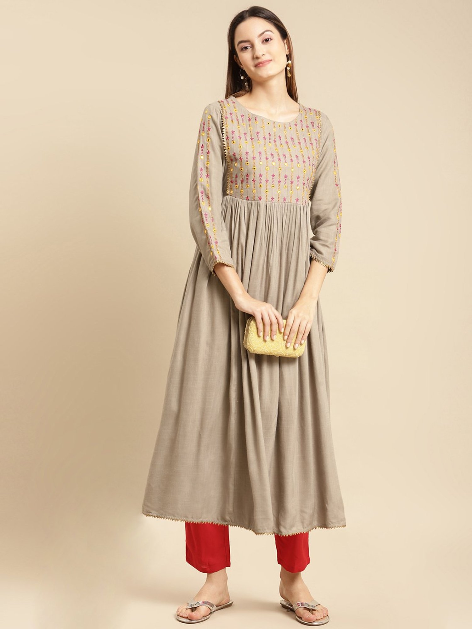 Rangita Olive & Red Embroidered Kurta Pant Set