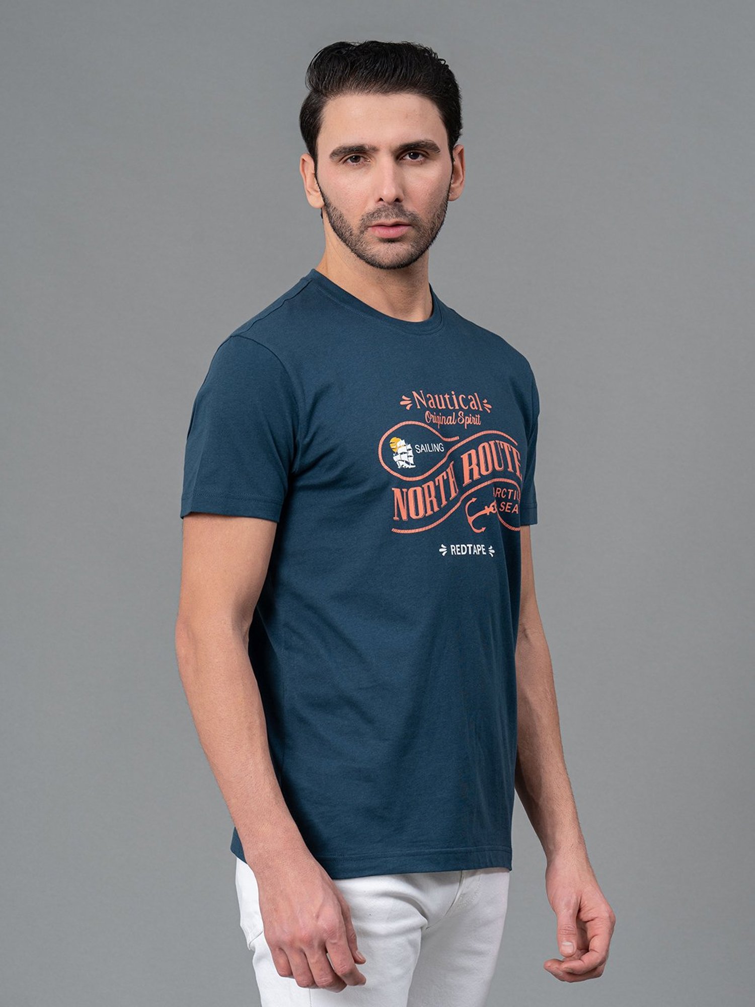 Red Tape Dark Blue Regular Fit Graphic Print Cotton Crew T-Shirt
