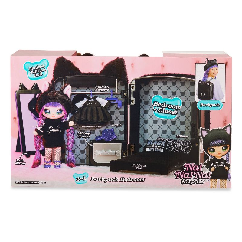 Na! Na! Na! Surprise 3-in-1 Backpack Bedroom Playset Black with Tuesday Meow Fashion Doll