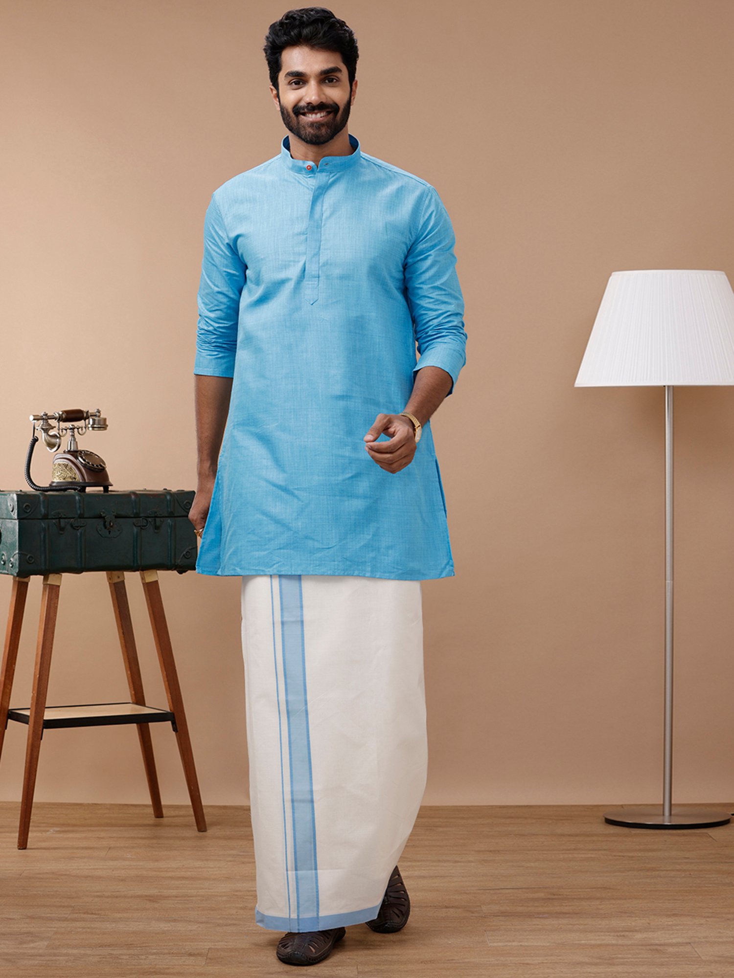 Ramraj Blue Cotton Regular Fit Kurta Set with Bottom