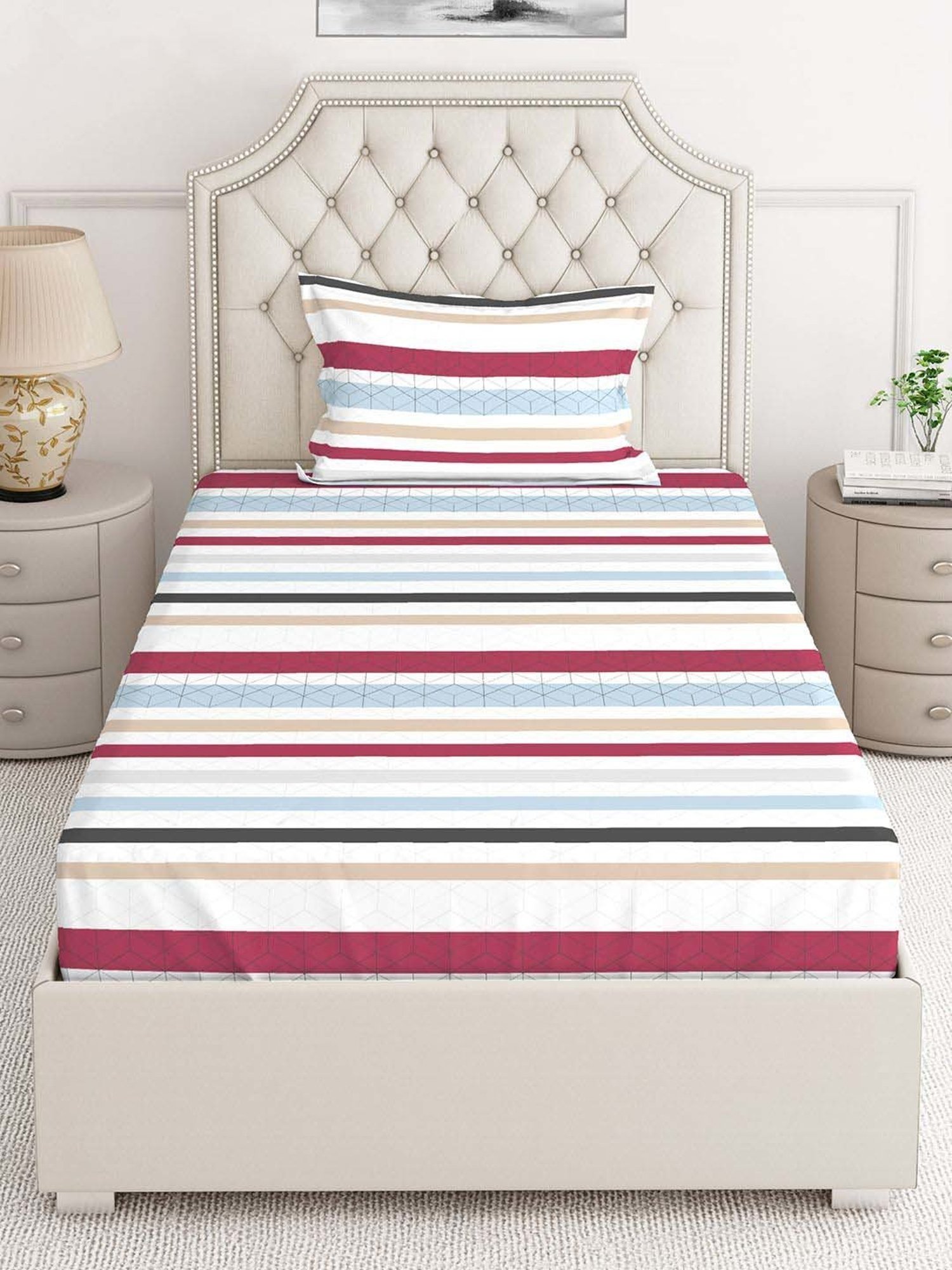Layers Cotton Plus Multicolor Cotton Blend 120 TC Single Size Bed Sheet with Pillow Cover
