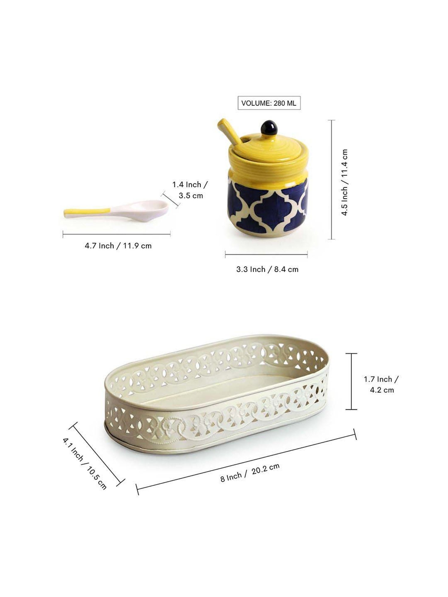 ExclusiveLane Blue & Yellow Ceramic Moroccan Pickle Jar Set with Iron Tray & Spoon