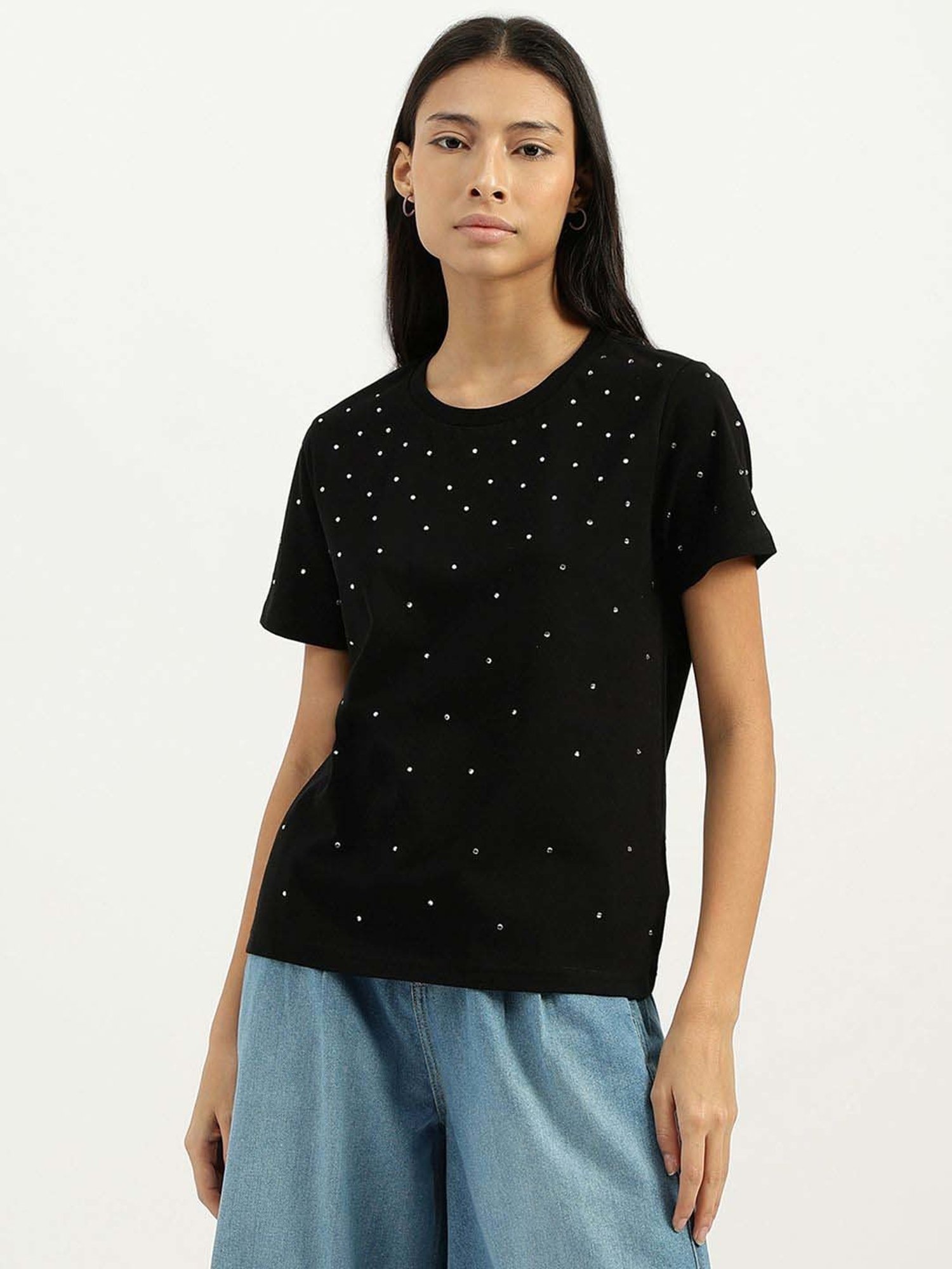 United Colors of Benetton Black Cotton Embellished T-Shirt
