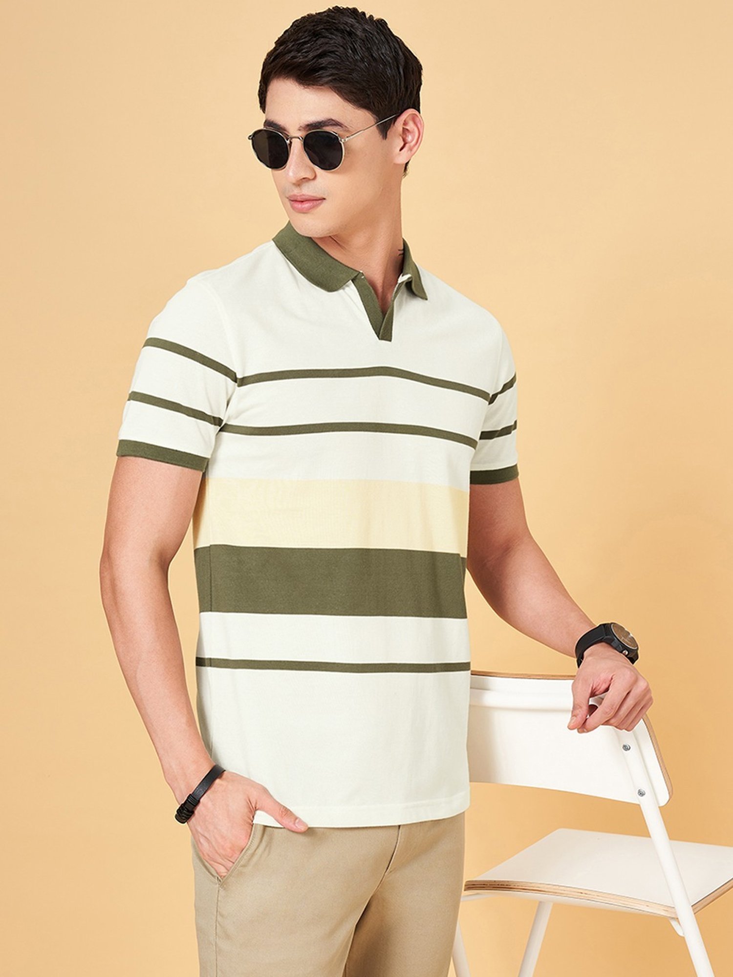 Byford By Pantaloons Green Slim Fit Striped Polo T-Shirt