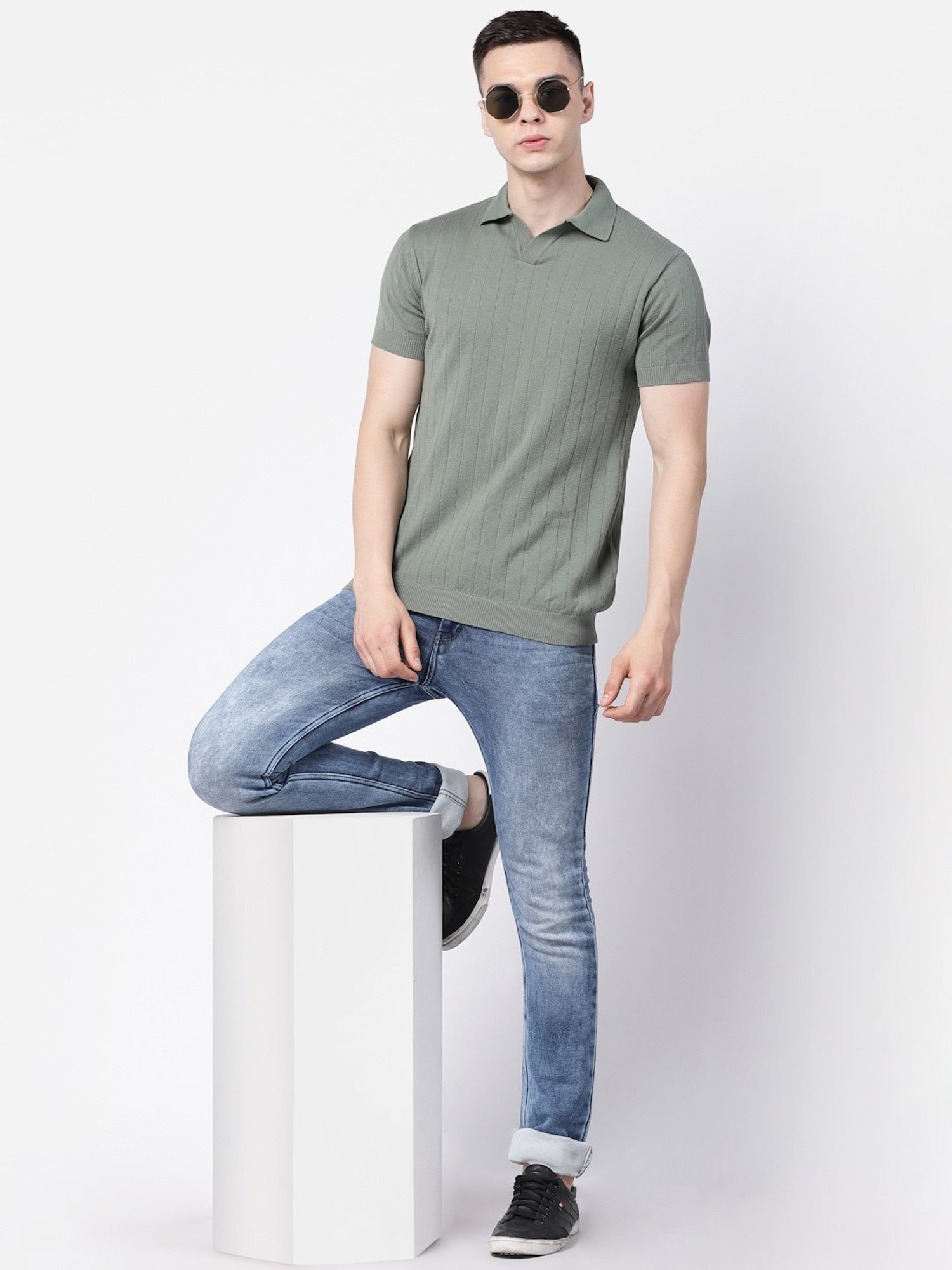 Kalt Light Green Regular Fit Striped Polo T-Shirt