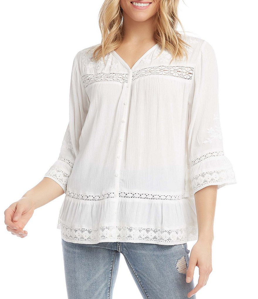 Karen Kane Embroidered V-Neck Lace Inset Flare Sleeve Top