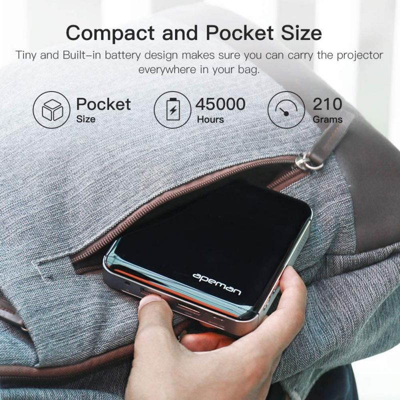 APEMAN NM4 Mini Portable Projector, Video DLP Pocket Projector for Home and Outdoor Entertainment, Support 1080P HDMI Input Built-in Rechargeable Battery Stereo Speakers with Upgraded 360&deg; Tripod