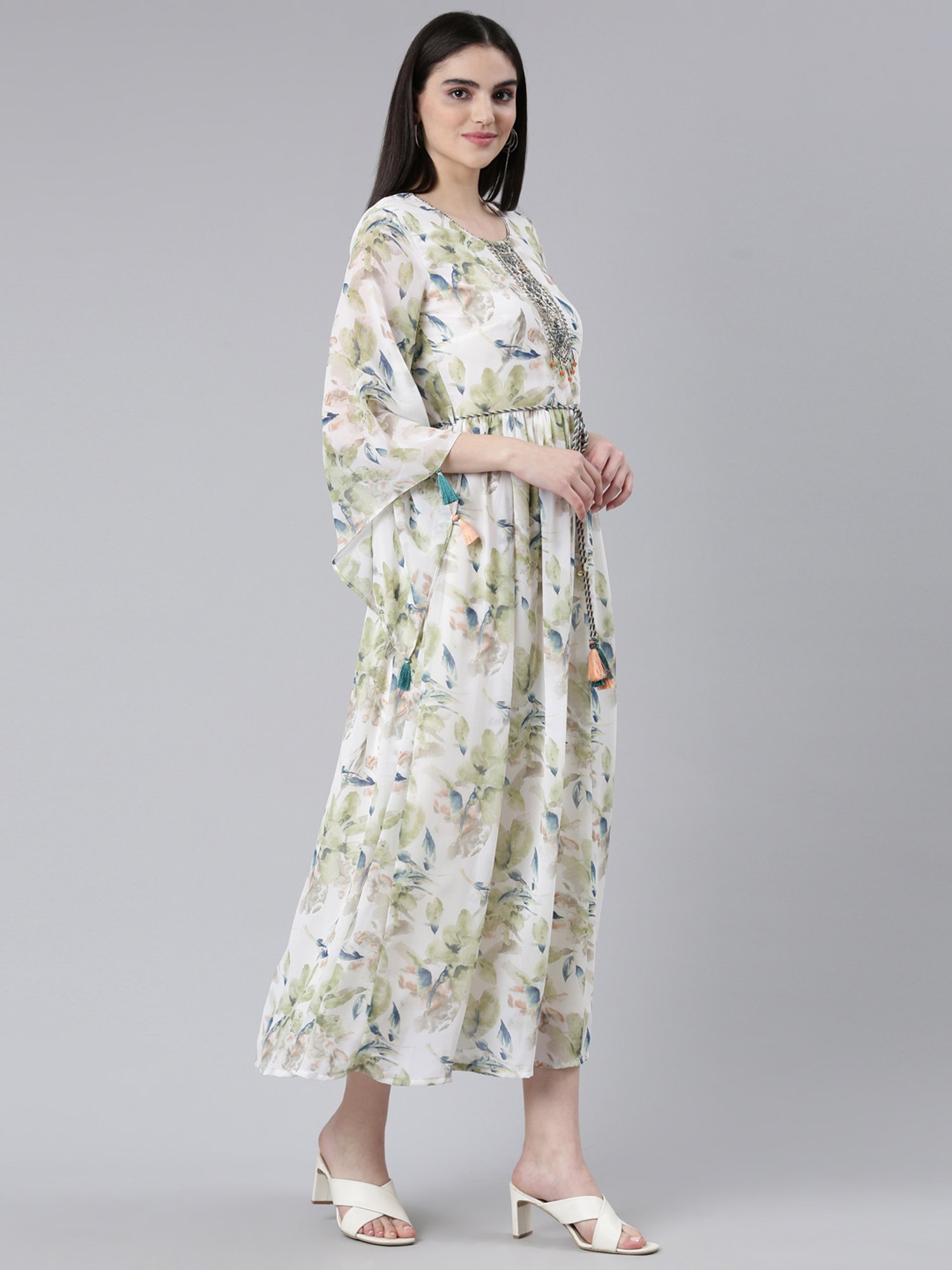 Neerus Green Floral Print A-Line Dress