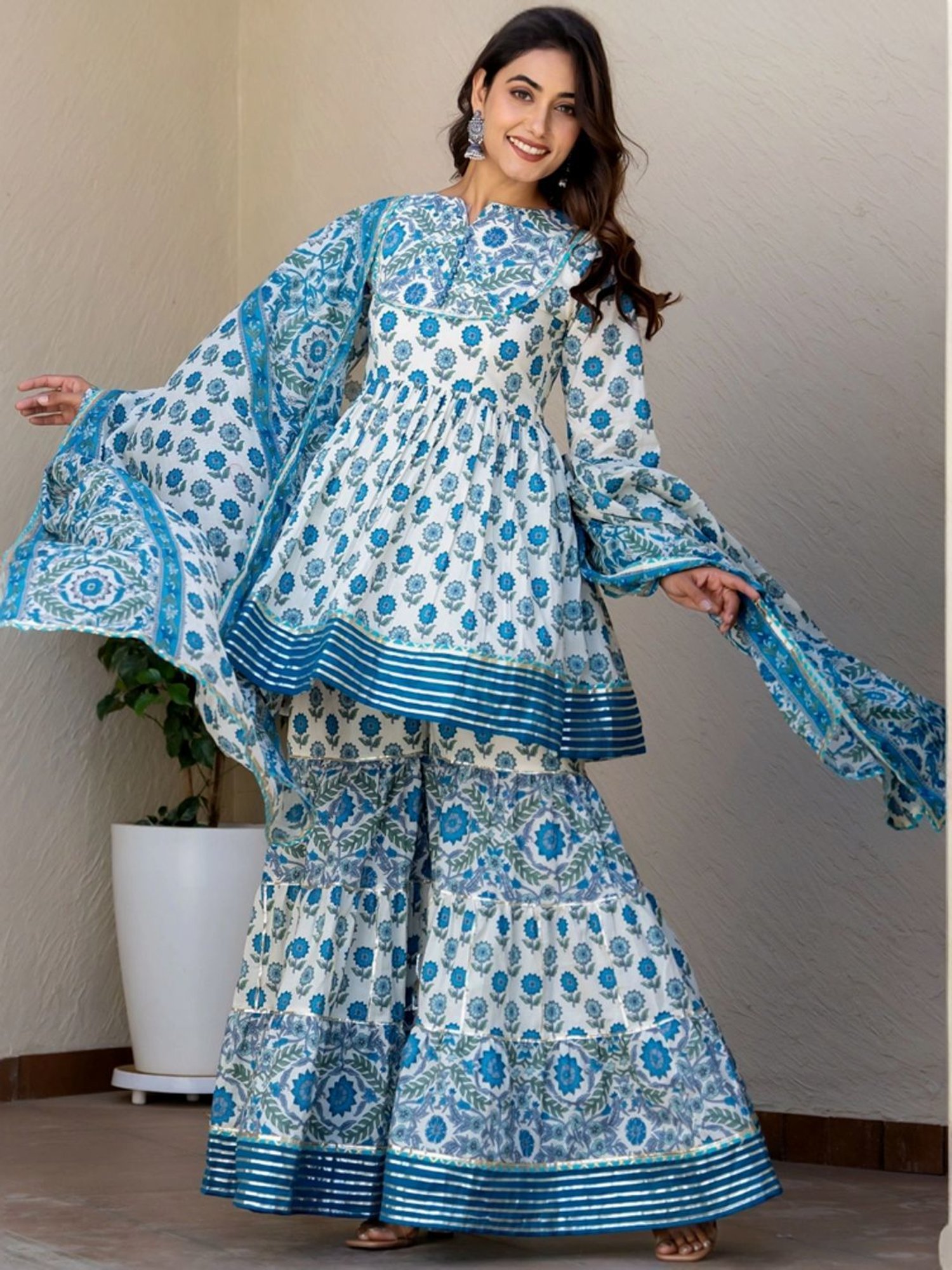HOUSE OF JAMOTI Blue Cotton Printed Short Kurti Sharara Set With Dupatta