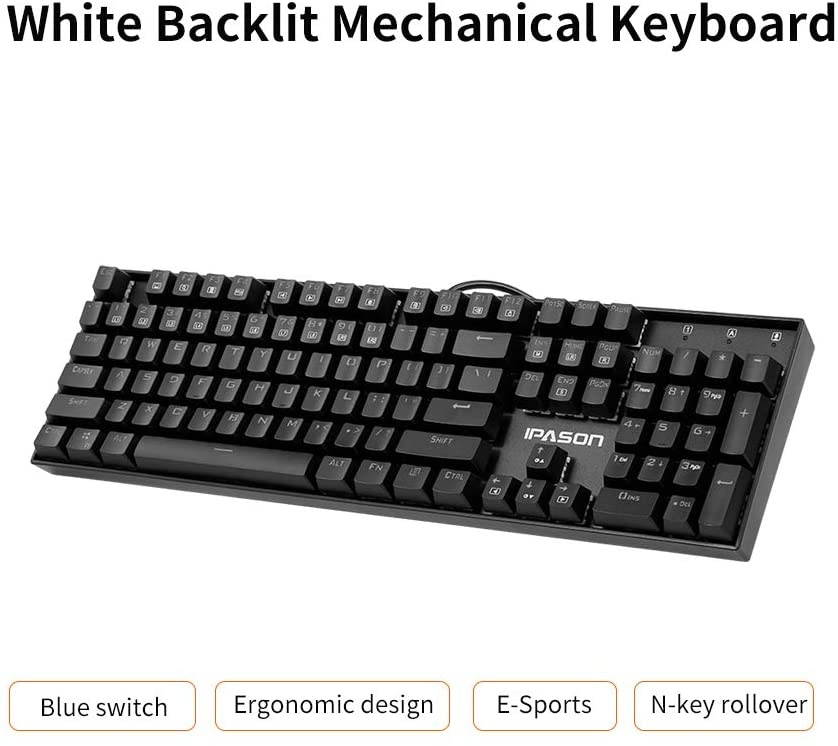 IPASON Mechanical Keyboard 104-key Metal Gaming Keyboard Blue Switch N-Key Rollover Backlit Keyboard for Office and Game Use