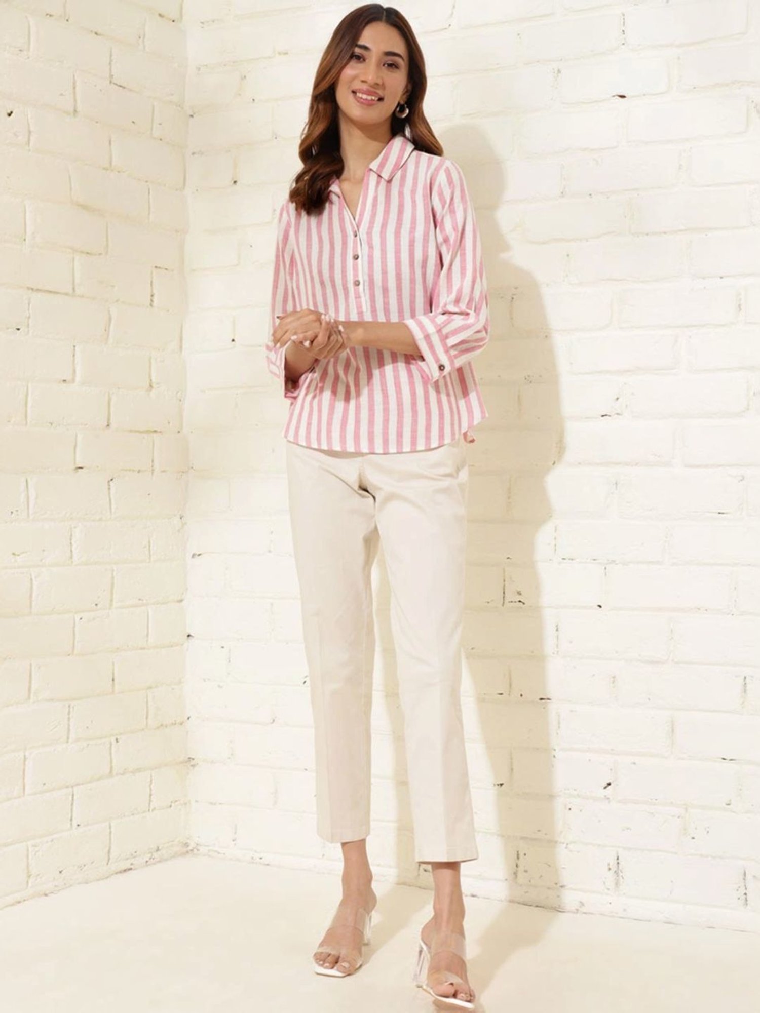 Fabindia White & Pink Cotton Striped Top