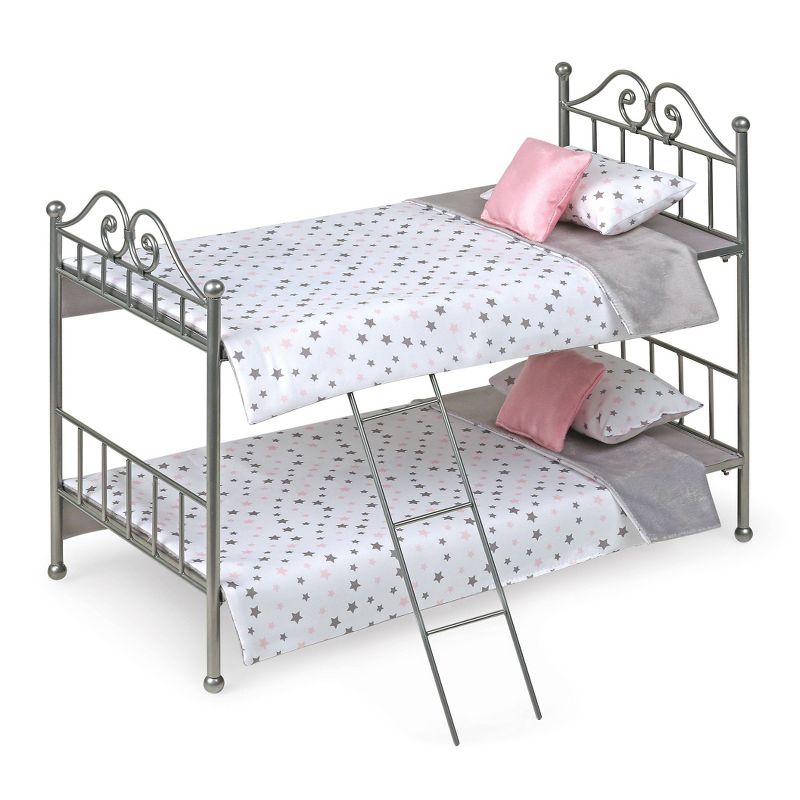 Scrollwork Metal Doll Bunk Bed with Ladder and Bedding - Silver/Pink/Stars