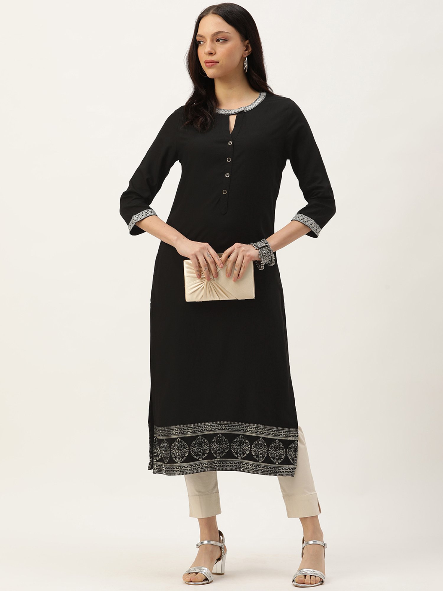 Amukti Black Rayon Embroidered Straight Kurta