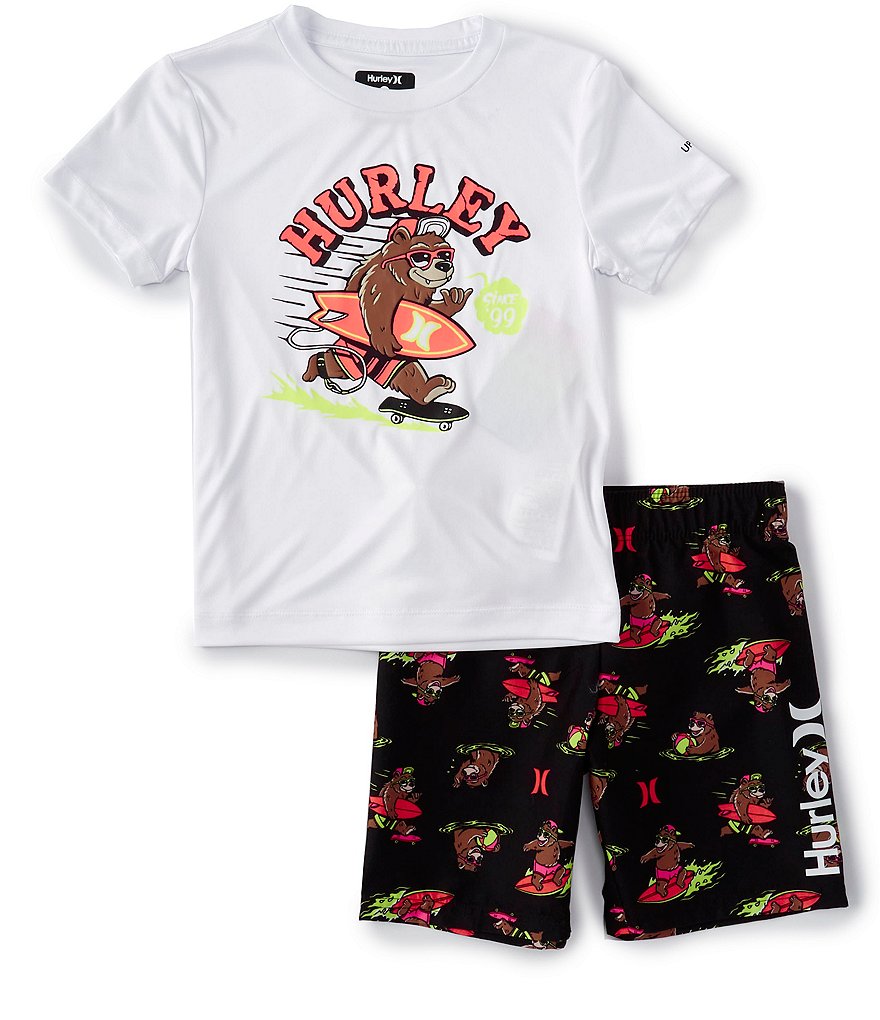 Hurley Little Boys 2T-7 Short-Sleeve Surfing Bear UPF 50+ Swim Tee & Printed Swim Trunks Set