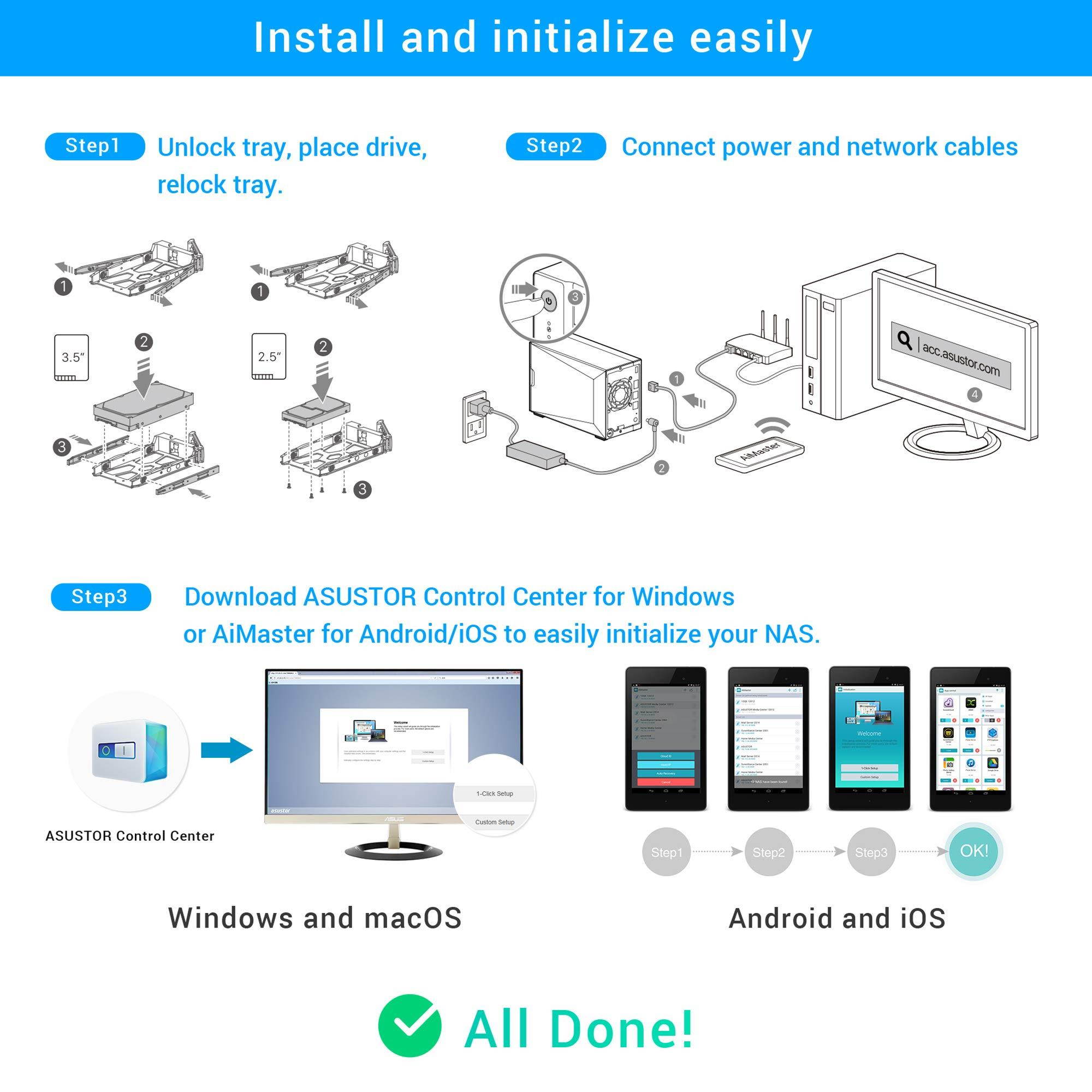 Asustor AS4002T | Network Attached Storage + Free exFAT License | Personal Private Cloud | Home Media Server | 10GbE Port, 1.6GHz Dual-Core, 2GB RAM DDR4 (2 Bay NAS)