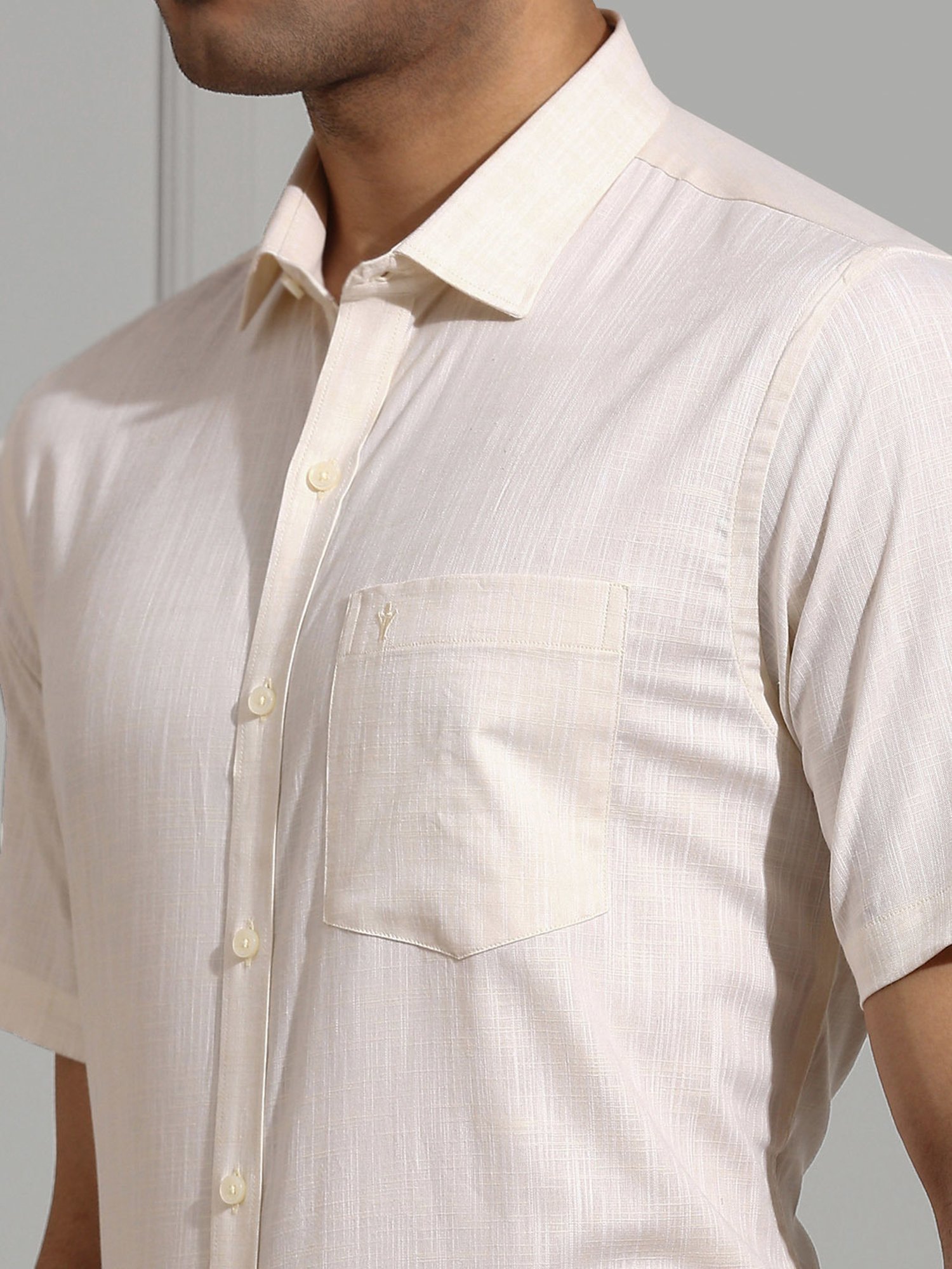 Ramraj Cream Regular Fit Textured Cotton Shirt