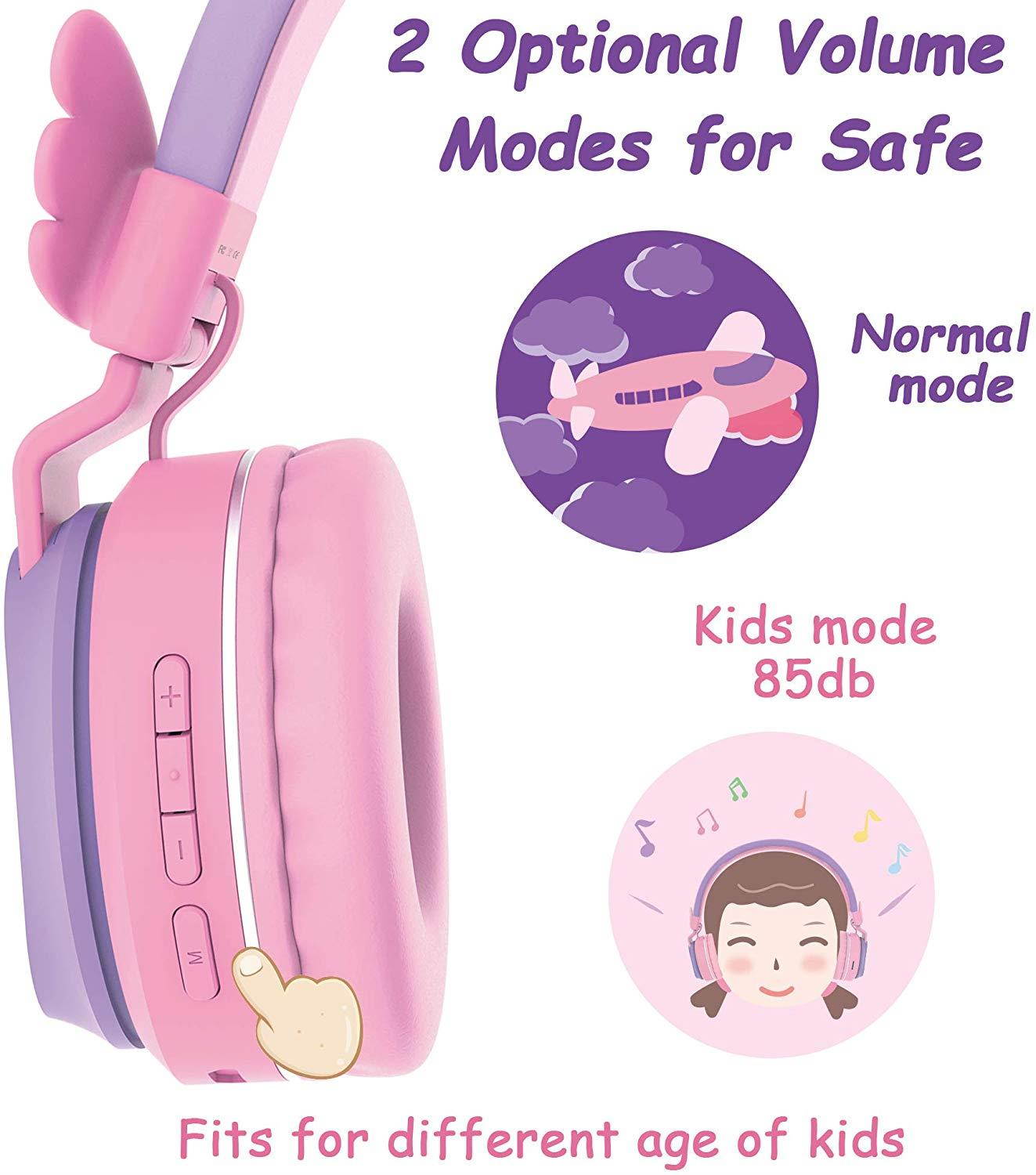 Riwbox BT05 Wings Kids Headphones Wireless Bluetooth Foldable Over Ear Headset with Volume Limited and Mic/TF Card Compatible for iPad/iPhone/Tablet (Purple&Pink)