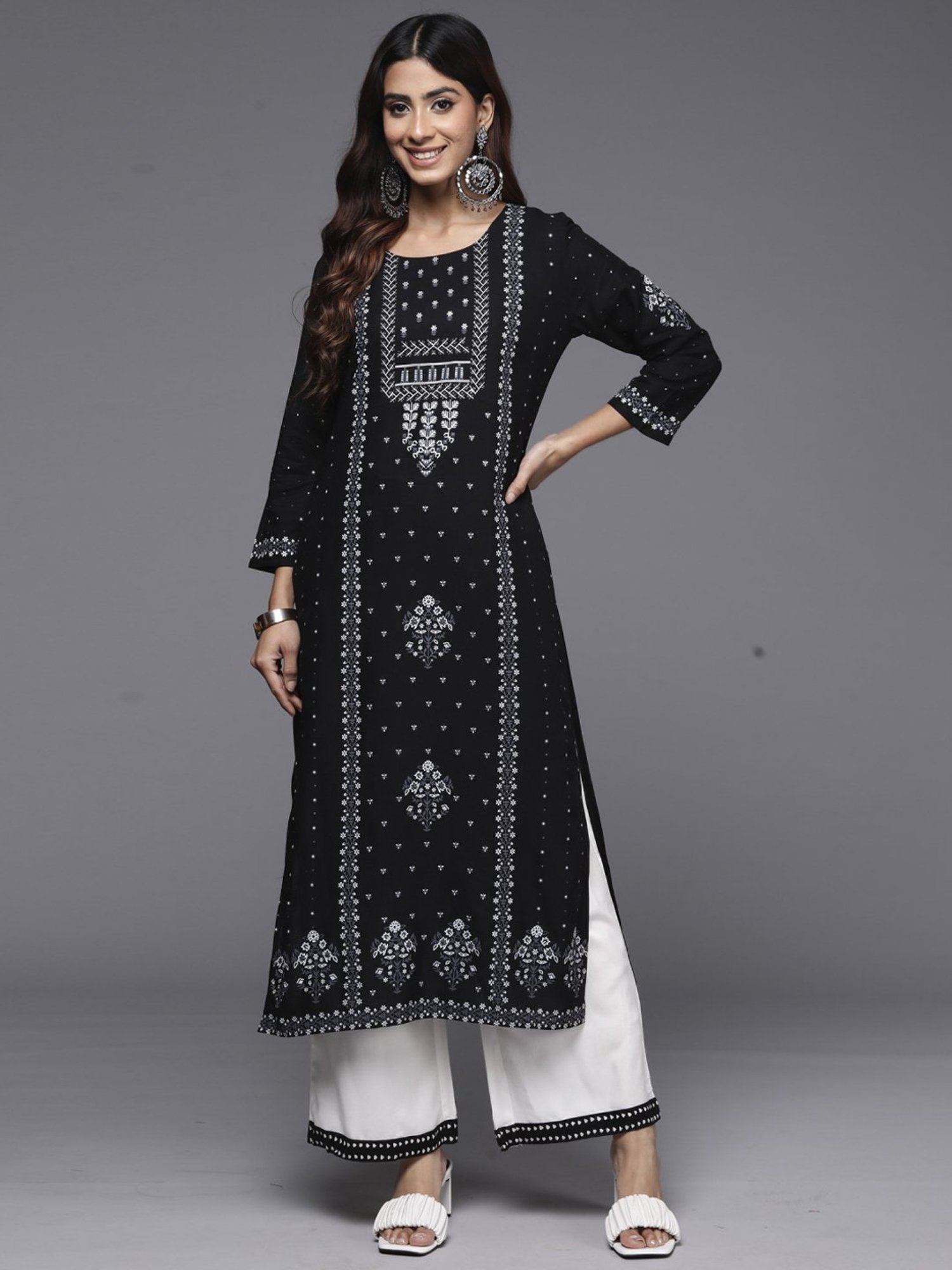 Indo Era Black Printed Straight Kurta