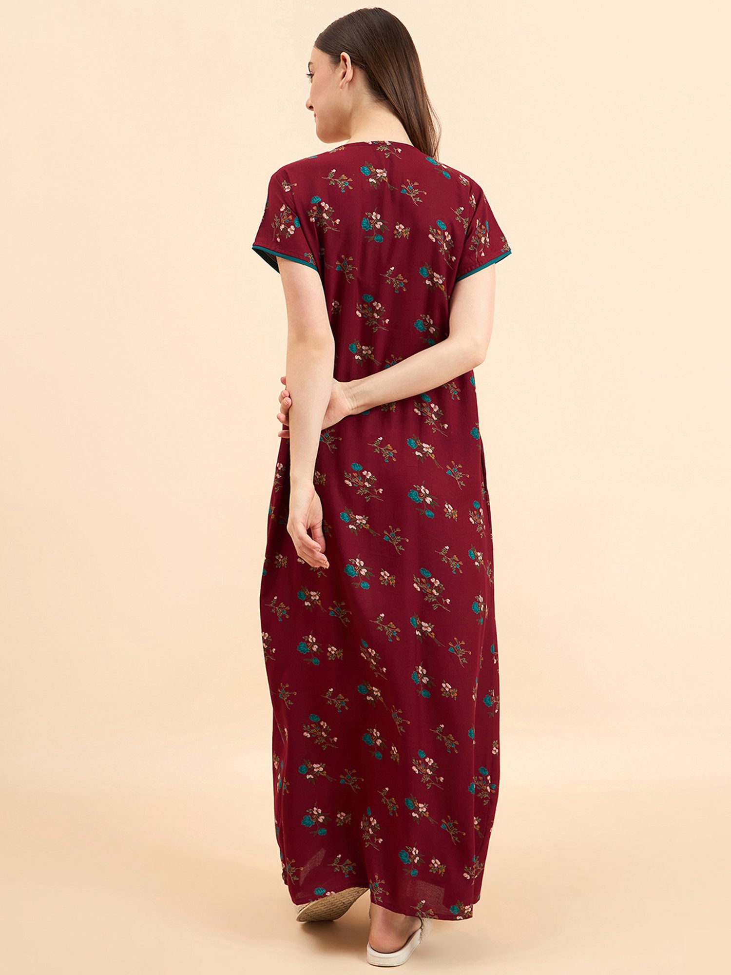 Sweet Dreams Maroon Cotton Floral Print Nighty