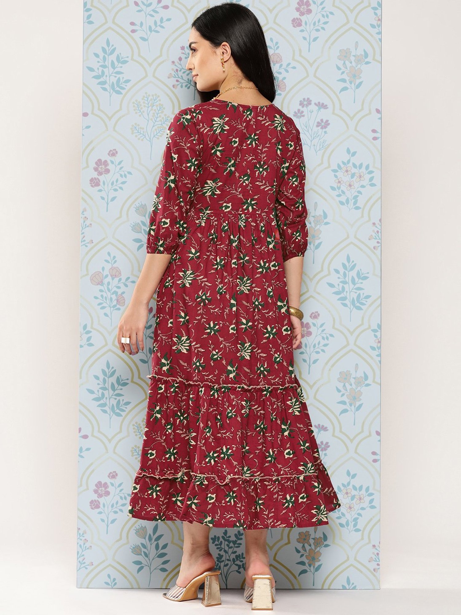 Yufta Maroon Floral Print Ethnic Dress