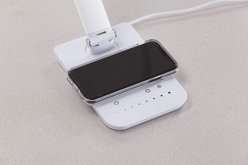 Safco Products Vamp LED Lamp with Pivoting Neck, Built-in Wireless Charging Pad, USB Port, White
