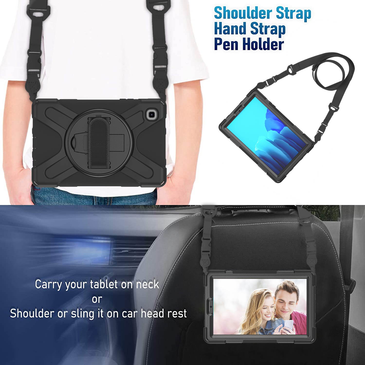 Galaxy Tab A7 Lite Case, Heavy Duty Rugged Shockproof Case with Adjustable Hand Strap, Carrying Shoulder Strap, Rotating Kickstand for Samsung galaxy Tab A7 Lite 8.7 inch 2021 Model SM-T220 SM-T225