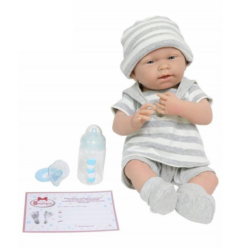 JC Toys La Newborn 15" Boy Doll - Light Gray Striped Outfit