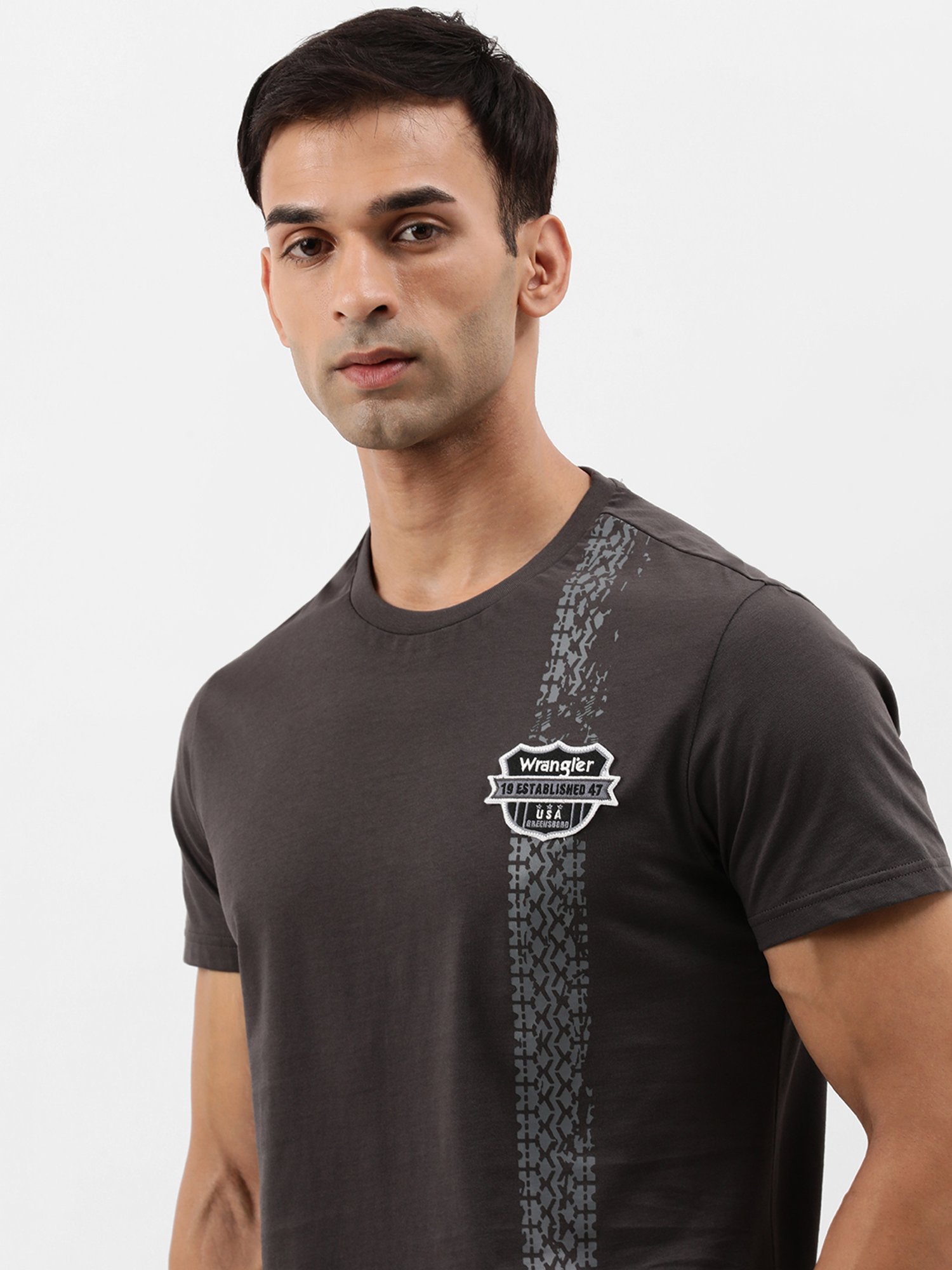 Wrangler Dark Grey Regular Fit Printed Crew T-Shirt