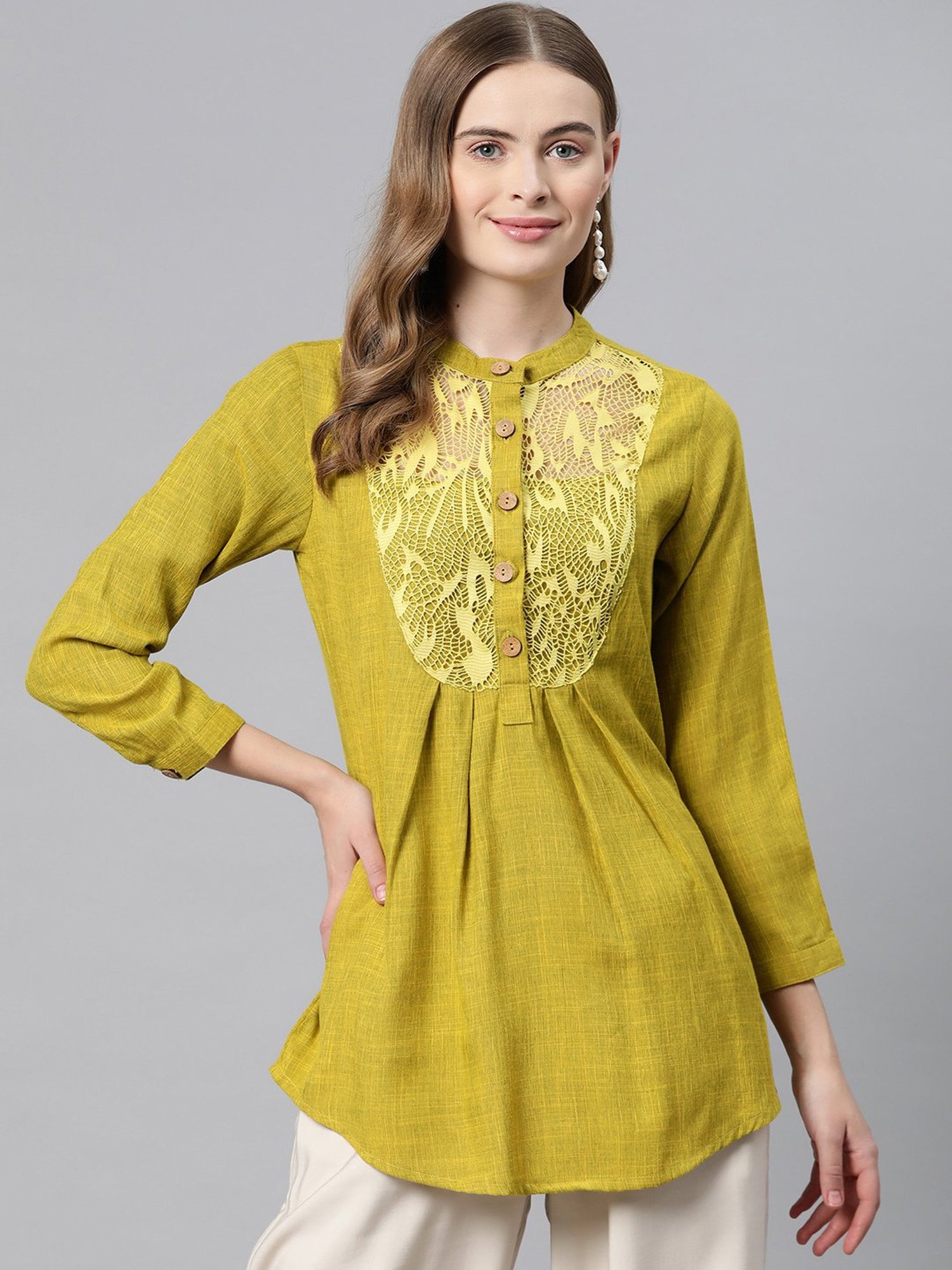 Cottinfab Mustard Self Design Top