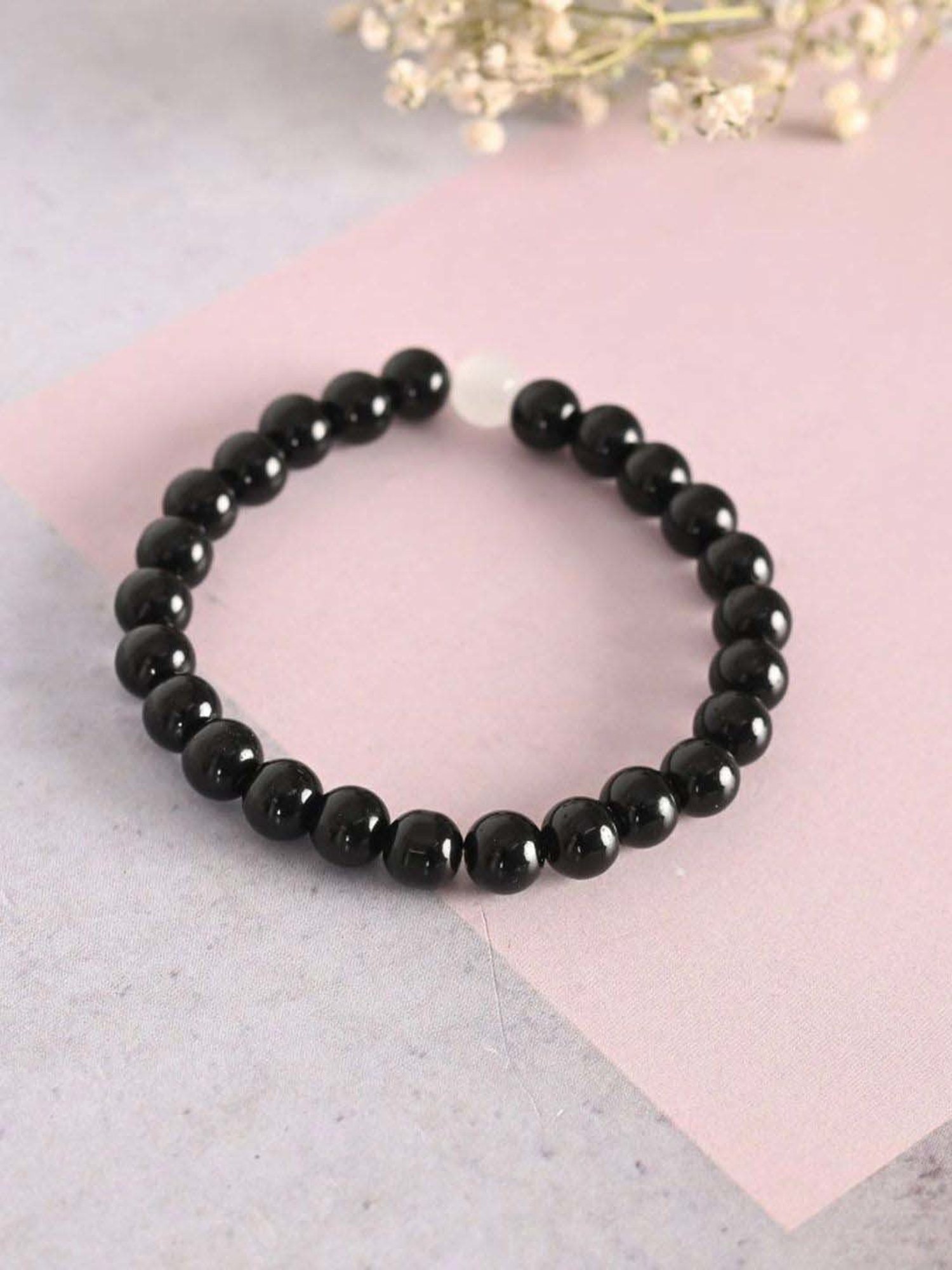 NVR Black Marble Crystal Beaded Elasticated Bracelet for Unisex