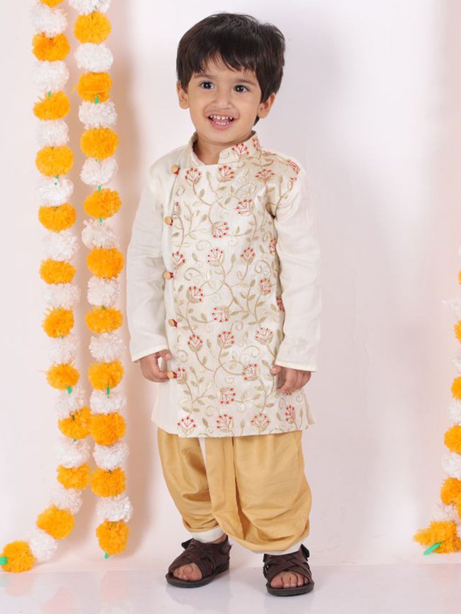 Little Bansi Kids Beige Embroidered Sherwani Set