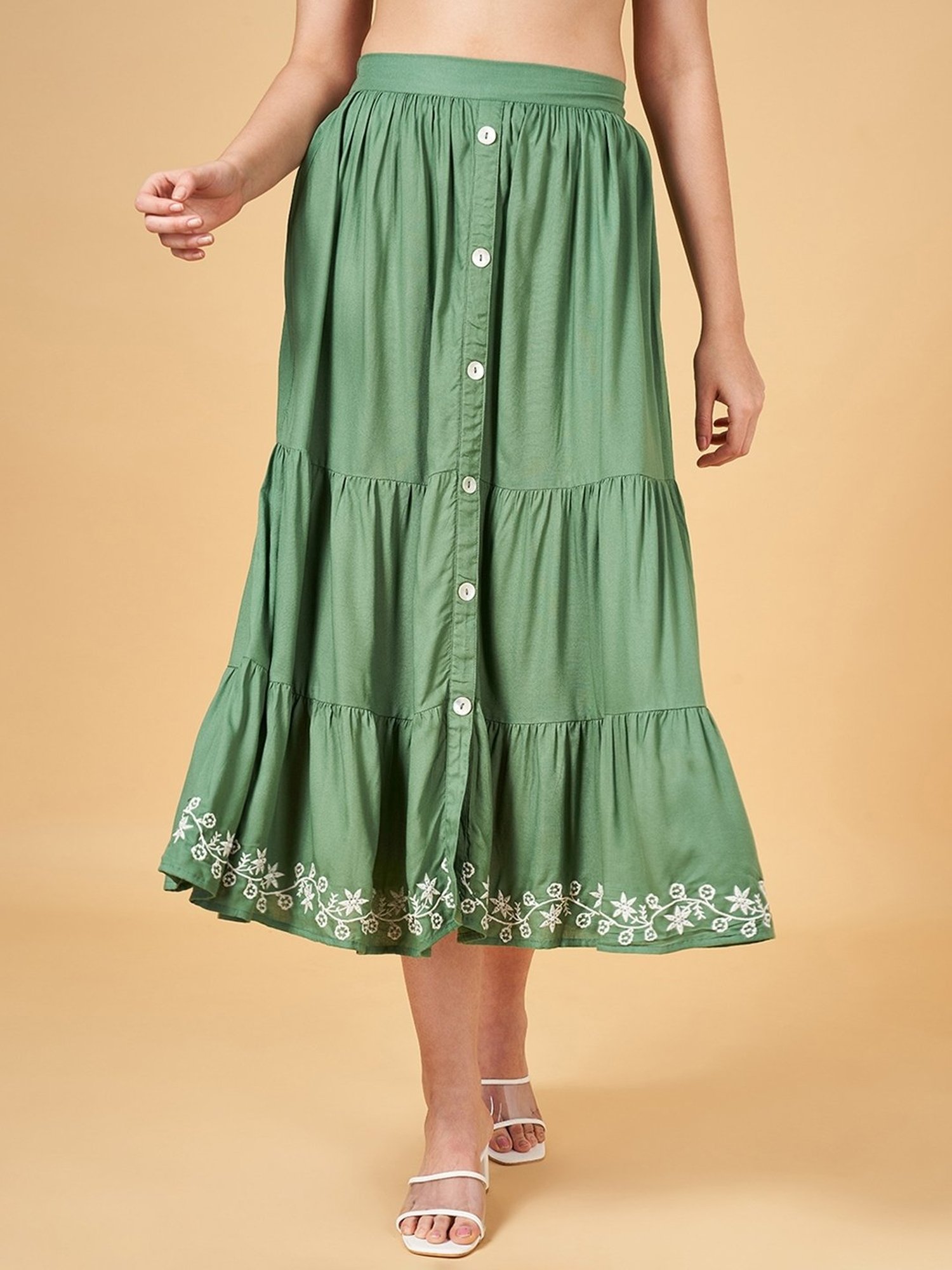 Honey by Pantaloons Green Embroidered A-Line Skirt